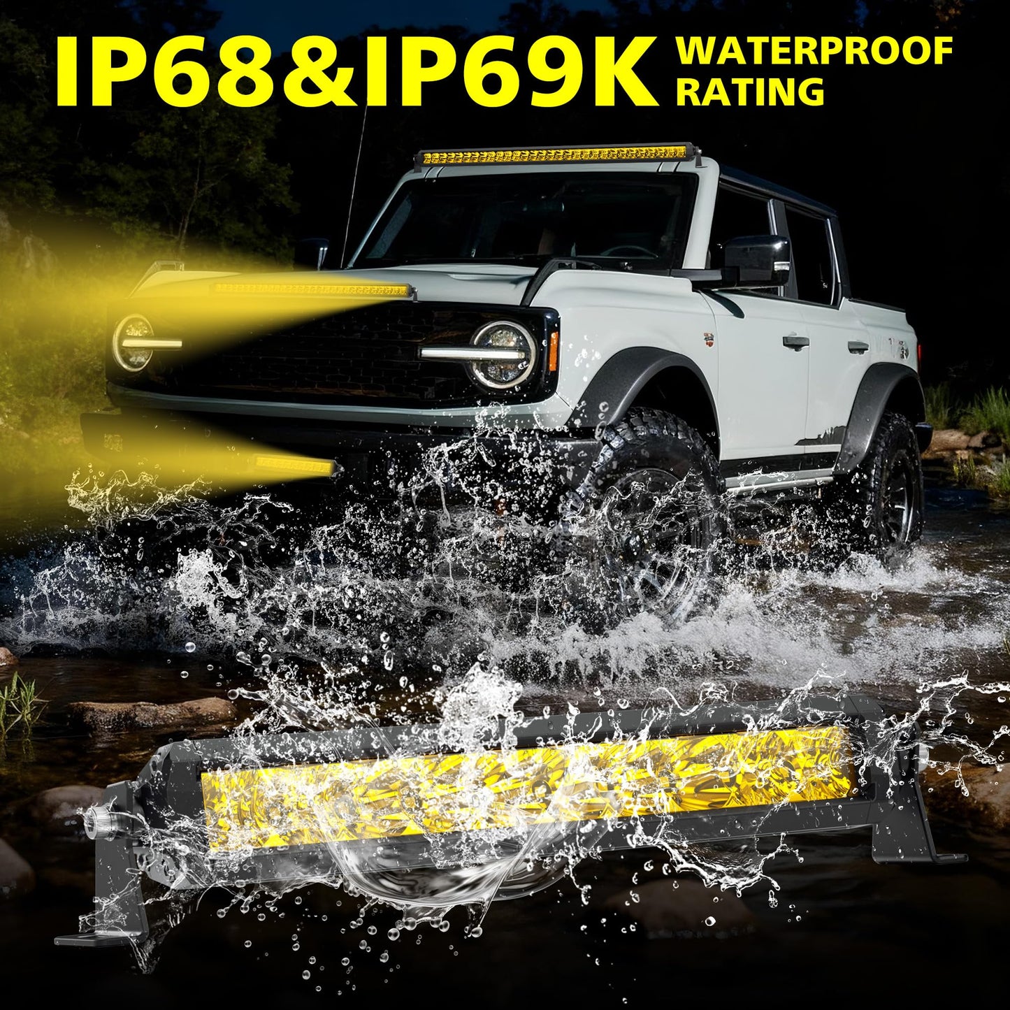 4WDKING Yellow LED Light Bar 32 inch Off Road LED Spot Flood Combo Work Light High Bright Truck Driving Fog Lamp IP69K Waterproof for Truck Cars ATV UTV Boat
