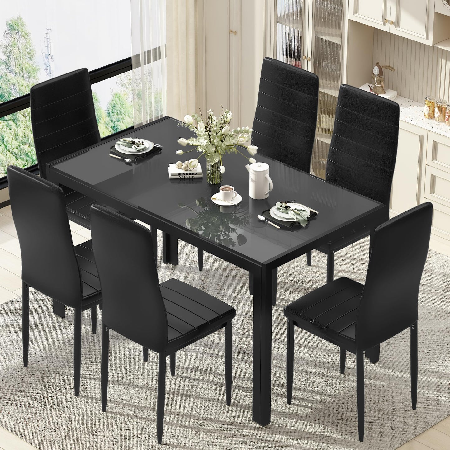 Recaceik 7 Piece Dining Table Set for 6, Tempered Glass Kitchen Table and PU Leather Chairs, Modern Dining Room Table Set for Small Space, Apartment