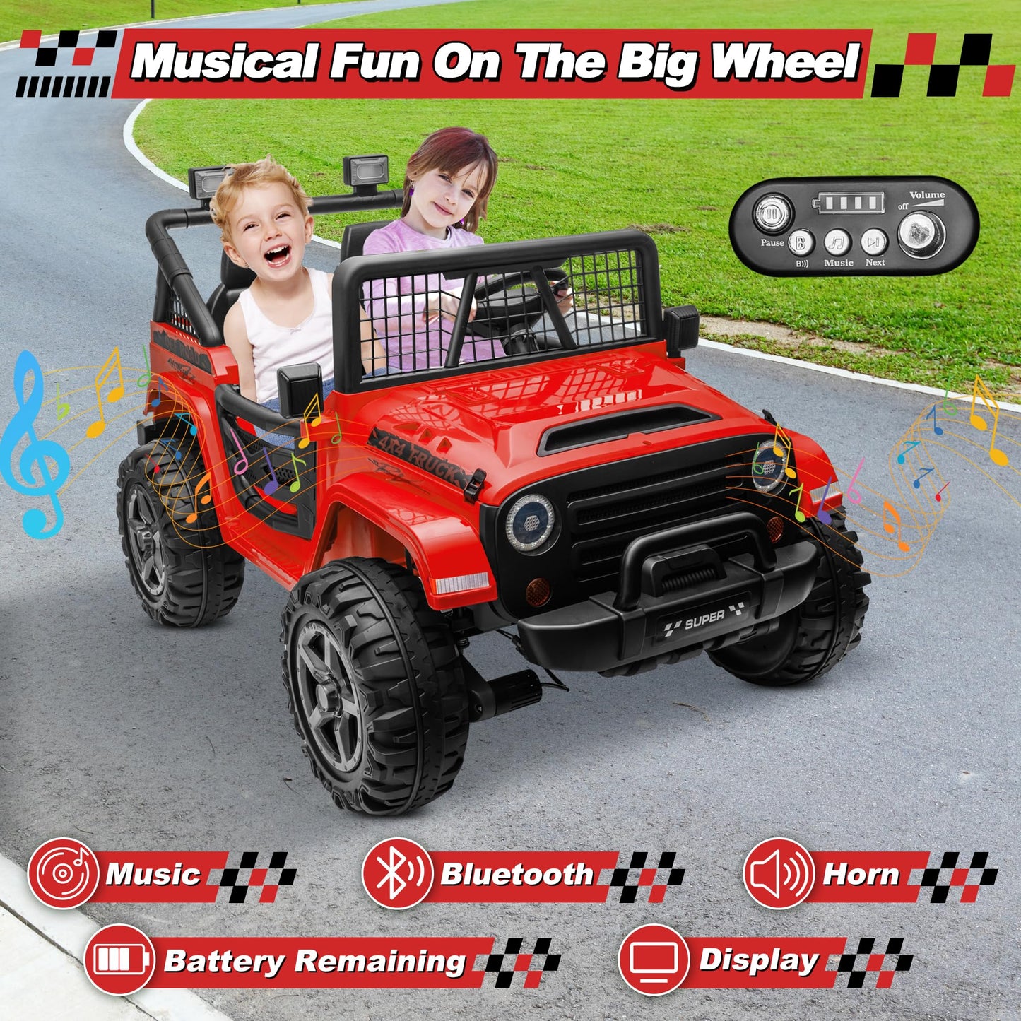 ANRLI 24V XL Ride on Car with Remote Control, 2 Seater 4WD/2WD Switchable Electric Car for Kids w/20 Inch Wide Seat, Gift Flower, 4X200W Power Car Wheels 24 Volt Big Trucks for Boys Girls, Red