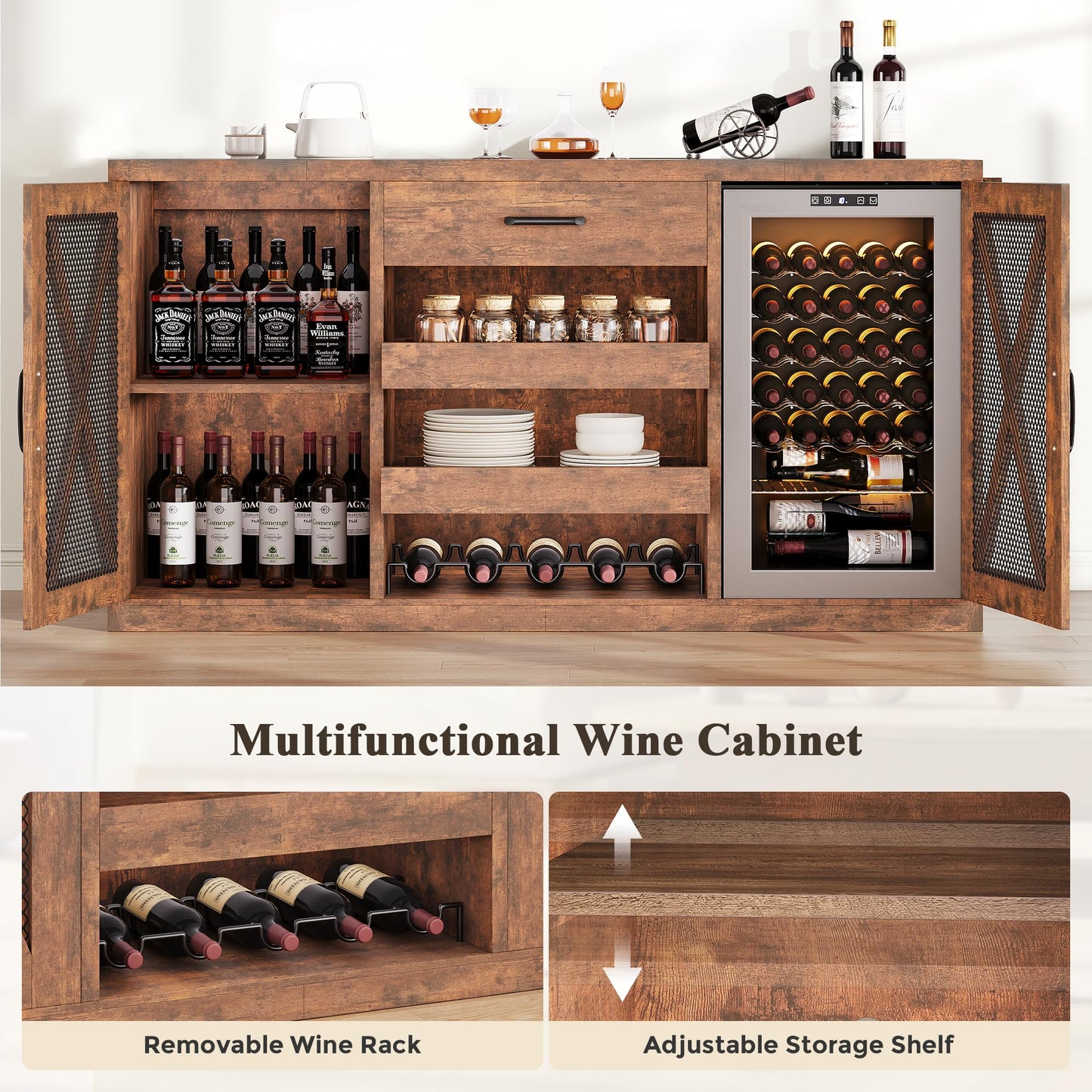 Jocoevol Large Coffee Bar Cabinet with Fridge Space, Mini Fridge Cabinet with Power Outlets and Wine Rack, Farmhouse Design Liquor Cabinet for Living Room, Kitchen, Entryway, Rustic Brown