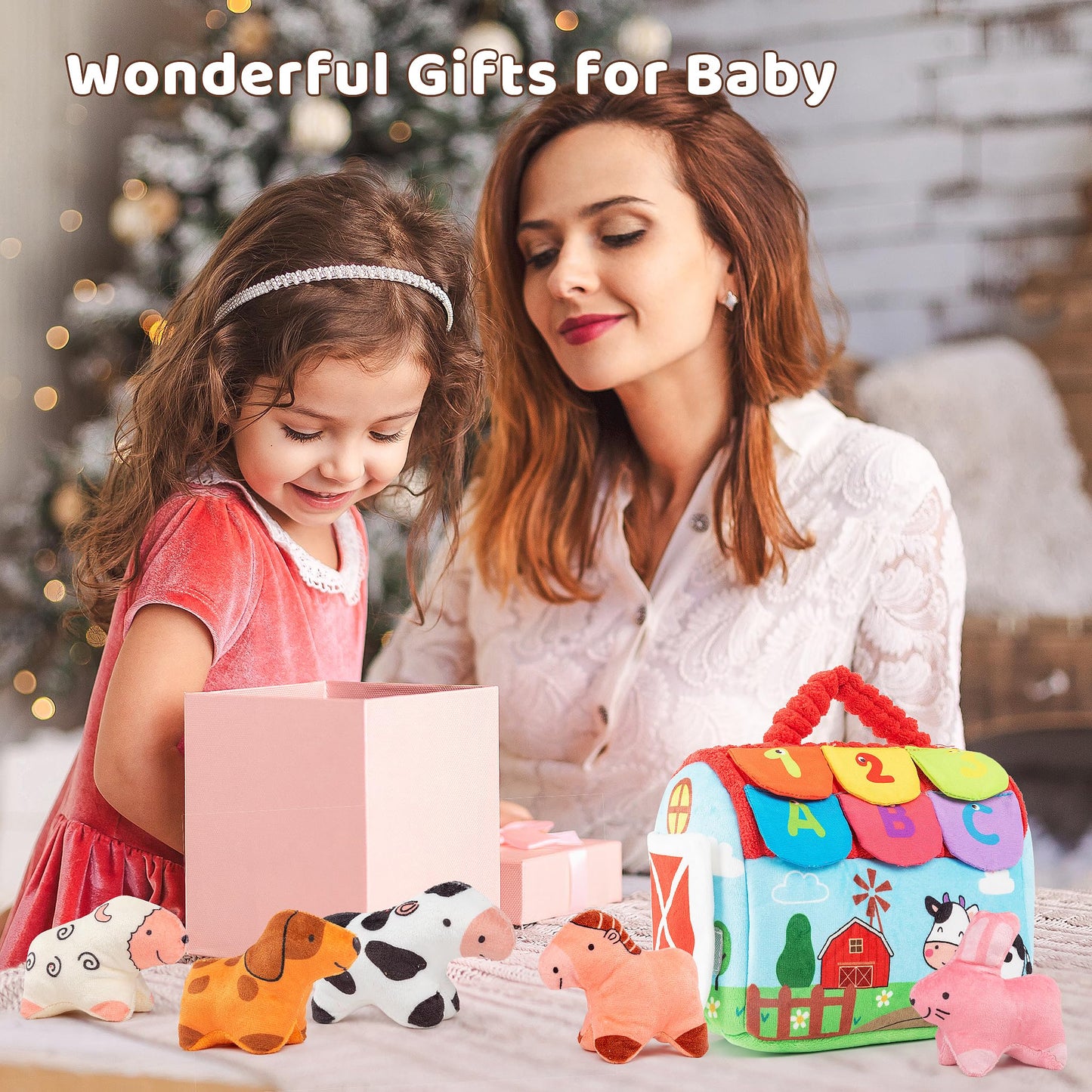 WECHARM KIDS Baby Sensory Toys 6-12 Months, Montessori Stuffed Farm Animals with Rattle Crinkle Mirror, Soft Plush Toys for 6 Months+, Easter Basket Stuffers Gifts for Infant Boys Girls