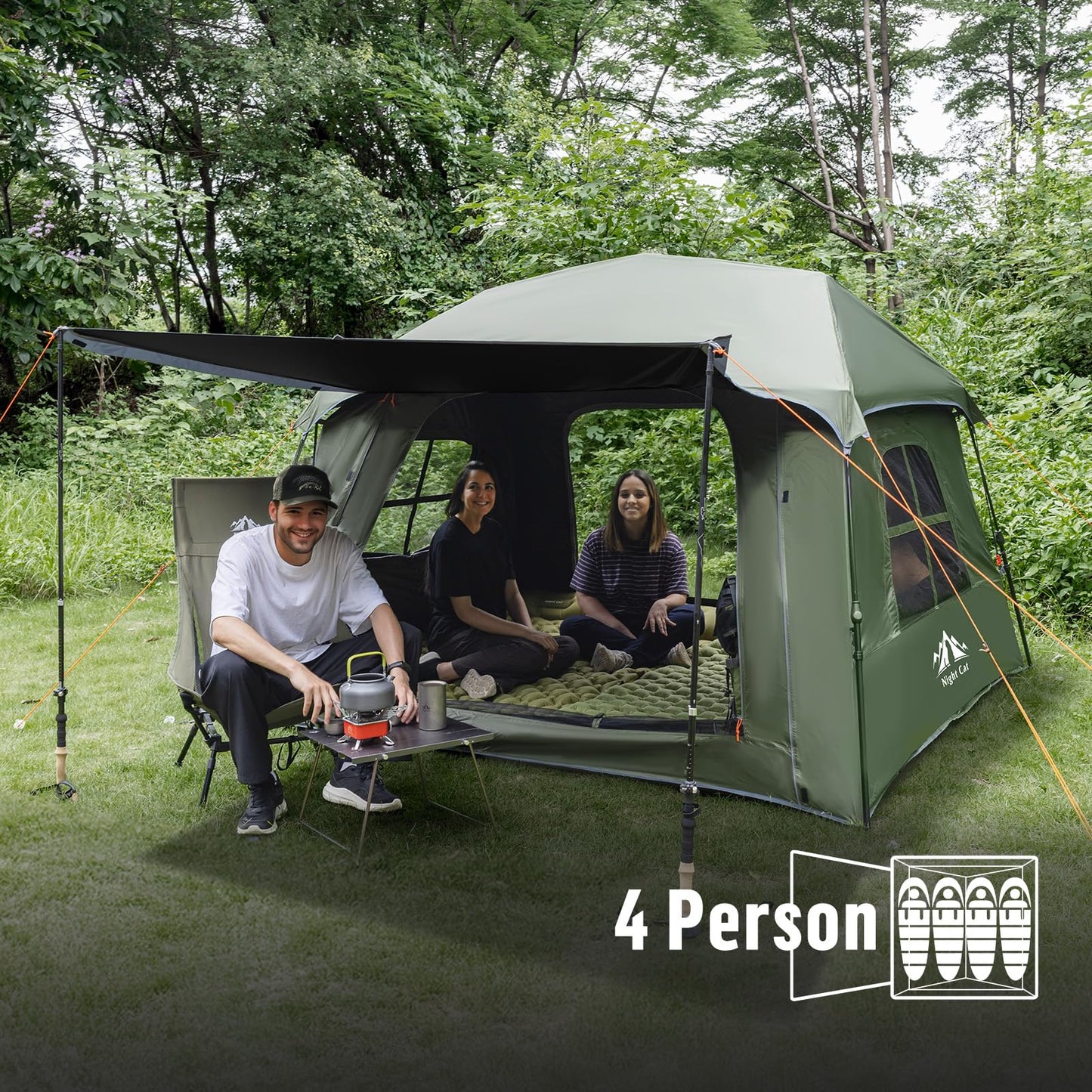 Night Cat Blackout Cabin Tent: 4 Person Pop Up Camping Tent with Vestibule & Rainfly Waterproof Instant Easy Setup Family Tent