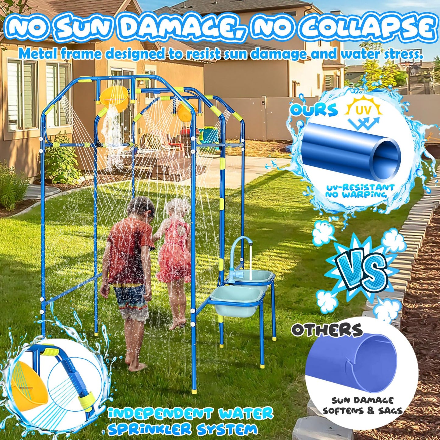 THISWUW Water Park Sprinkler Toy for Kids, Heavy-Duty Steel Backyard Waterpark Splash Game with Shooting Toys, Splash Buckets, Water Table & Faucets, Water Play Activities Outdoor Summer Fun