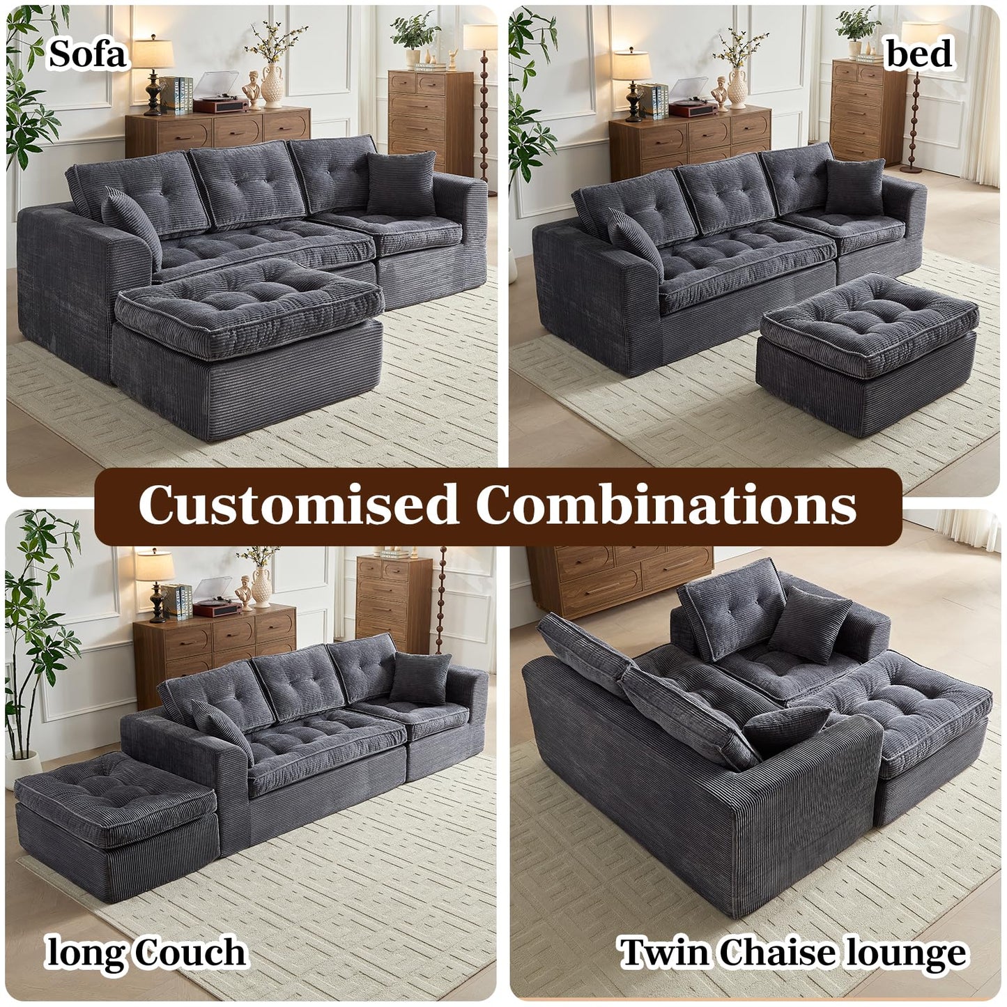 ROXGOX Modular Sectional Sofa, Modern Boneless Couch with L-Shape Chaise, Home Sectional Comfy Sofa Set for Living Room Bedroom and Floor, Plush Corduroy, No Assembly Required (Gray)