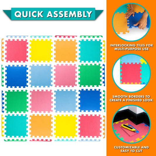 ProSource Foam Puzzle Floor Play Mat for Kids and Babies with Solid Colors, 36 or 16 Interlocking Tiles with Borders, Assorted