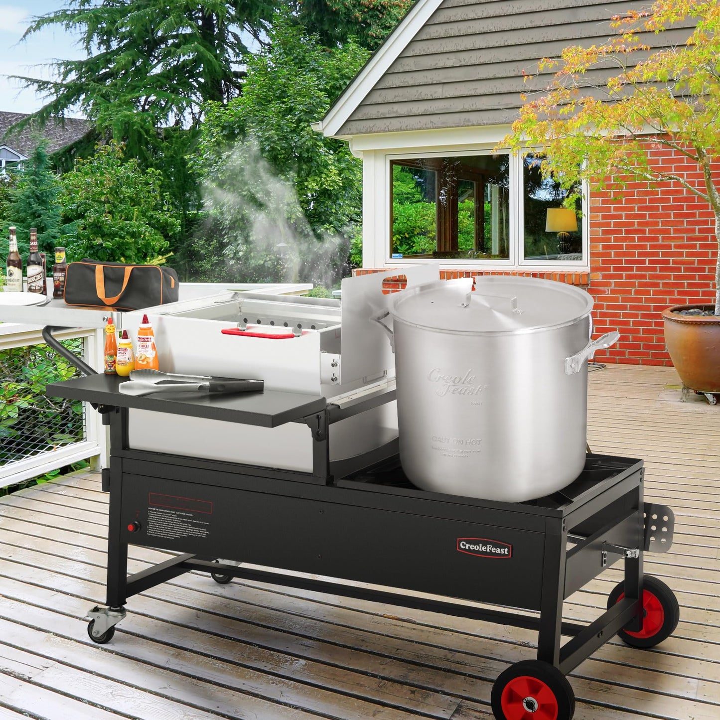 Creole Feast CFT2018-N1 90 Qt Crawfish Boiler and Cooker Combo, 2-Burner Single Sack Propane Gas Seafood Cooker with Stainless Steel Stirring Paddle for Outdoor Backyard Boiling, Silver & Black