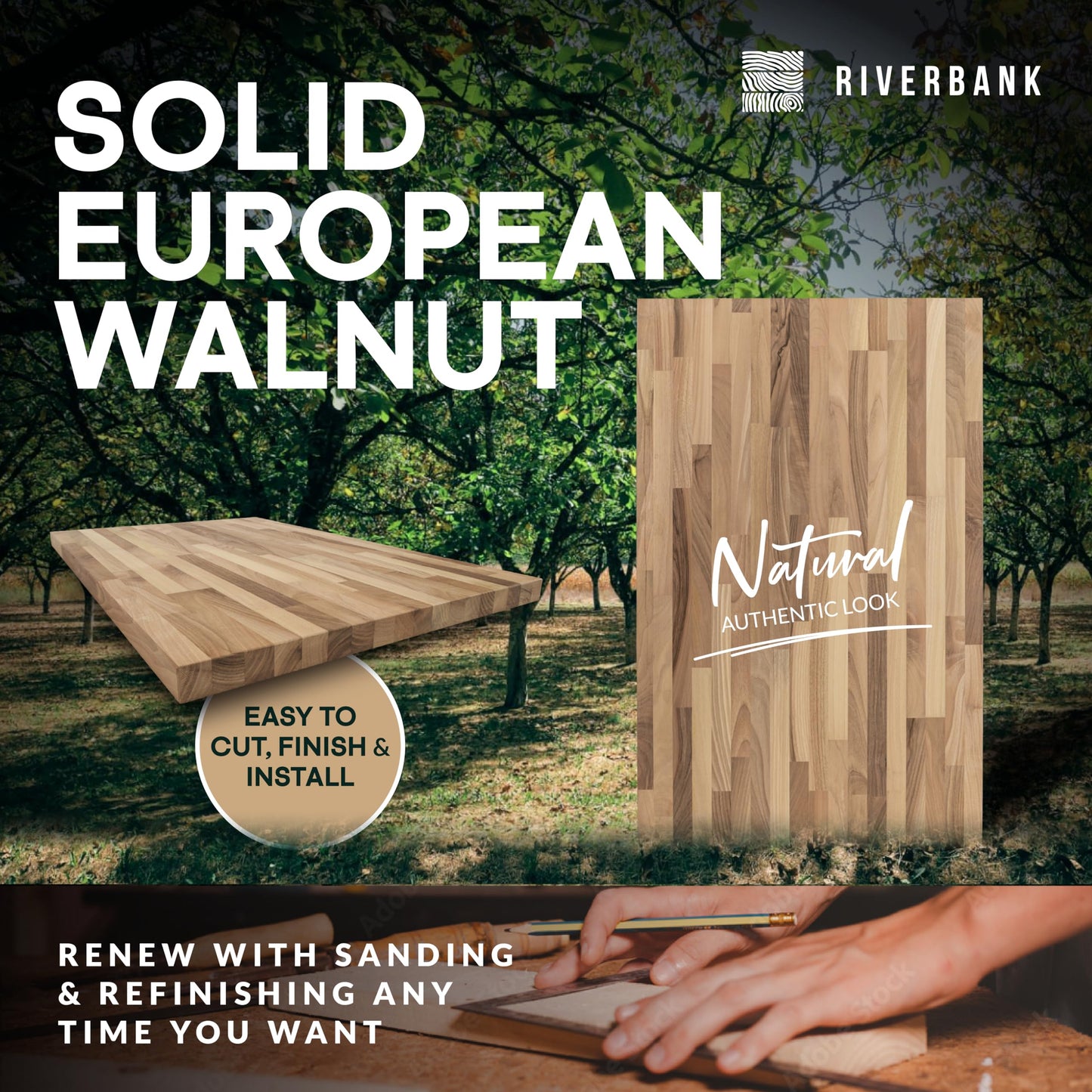 Riverbank Walnut Butcher Block Countertop, 39" Long, 25” Wide, 1.5” Thick Unfinished Solid Wood Tabletop, Perfect for Charcuterie Board, Cutting Board, DIY Hardwood Kitchen Island or Desktop
