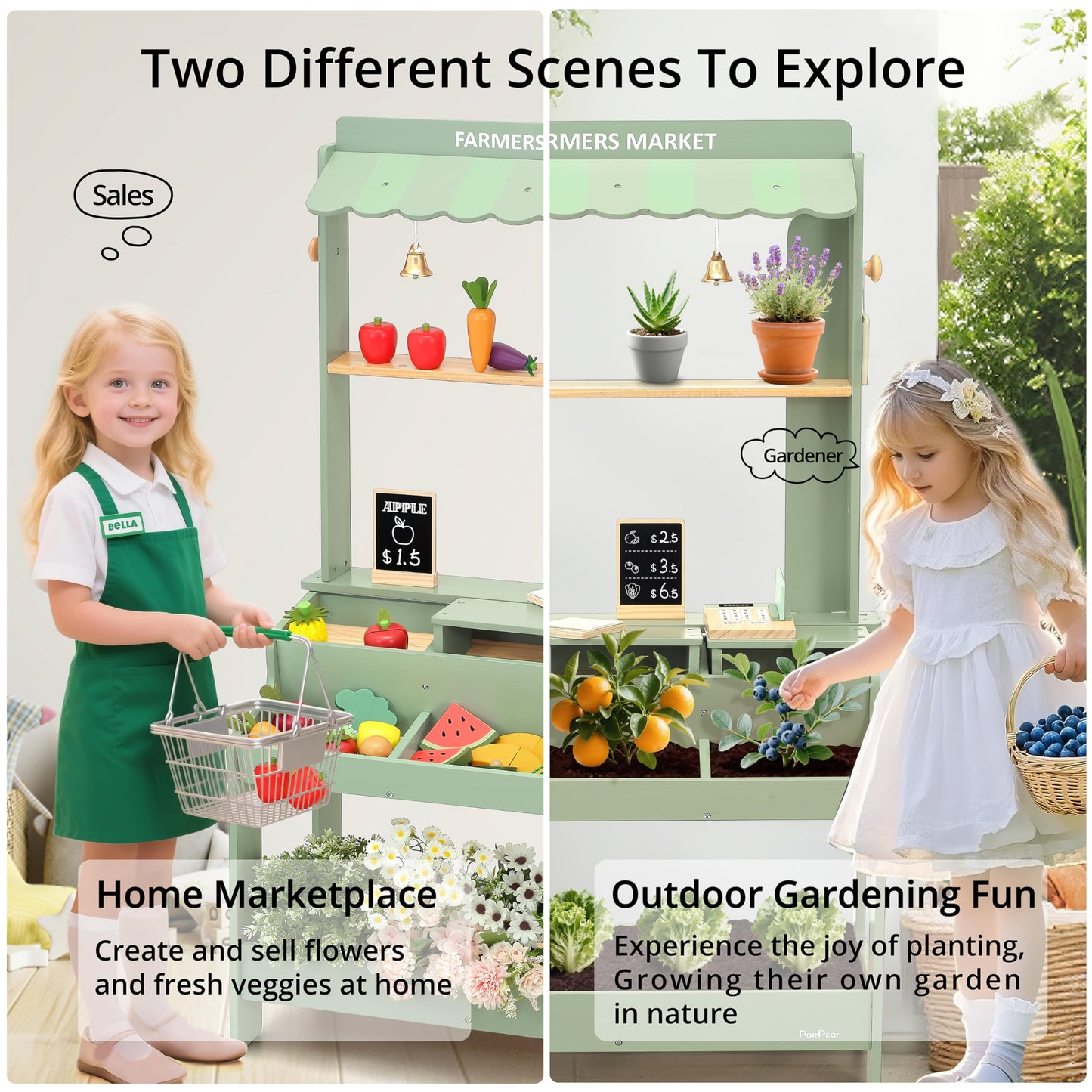 PairPear Wooden Mud Grocery Stand, 2-in-1 Outdoor Market Stand & Mud Kitchen for Kids Outdoor, Montessori Pretend Play Toy with 14 Accessories, Cash Register & Play Food, Ages 3+ in Green