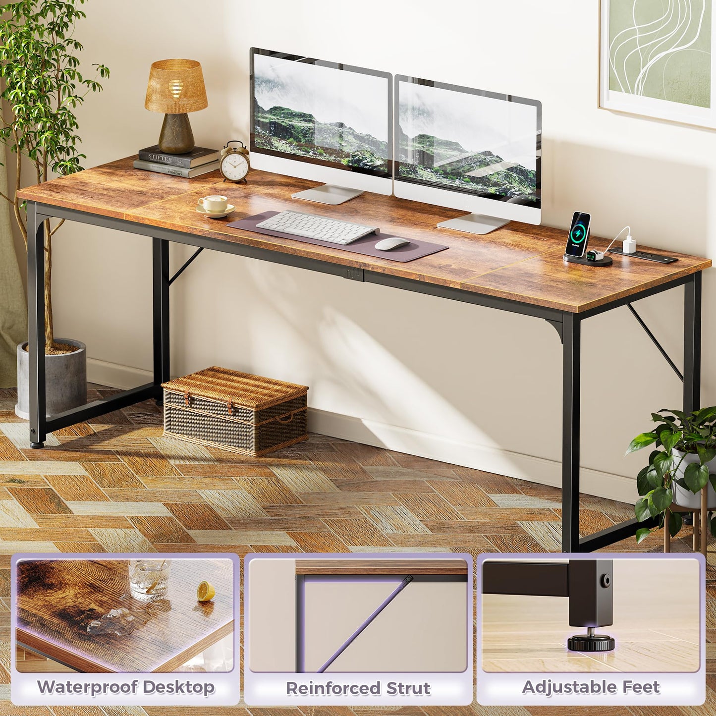 PRAISUN 80 X 24 Inch Office Computer Desk with Power Outlets and USB-C Port, Larger and Longer Gaming Desk, for Home Office, Study, Writing Work from Home Table, Metal Frame, Rustic Brown