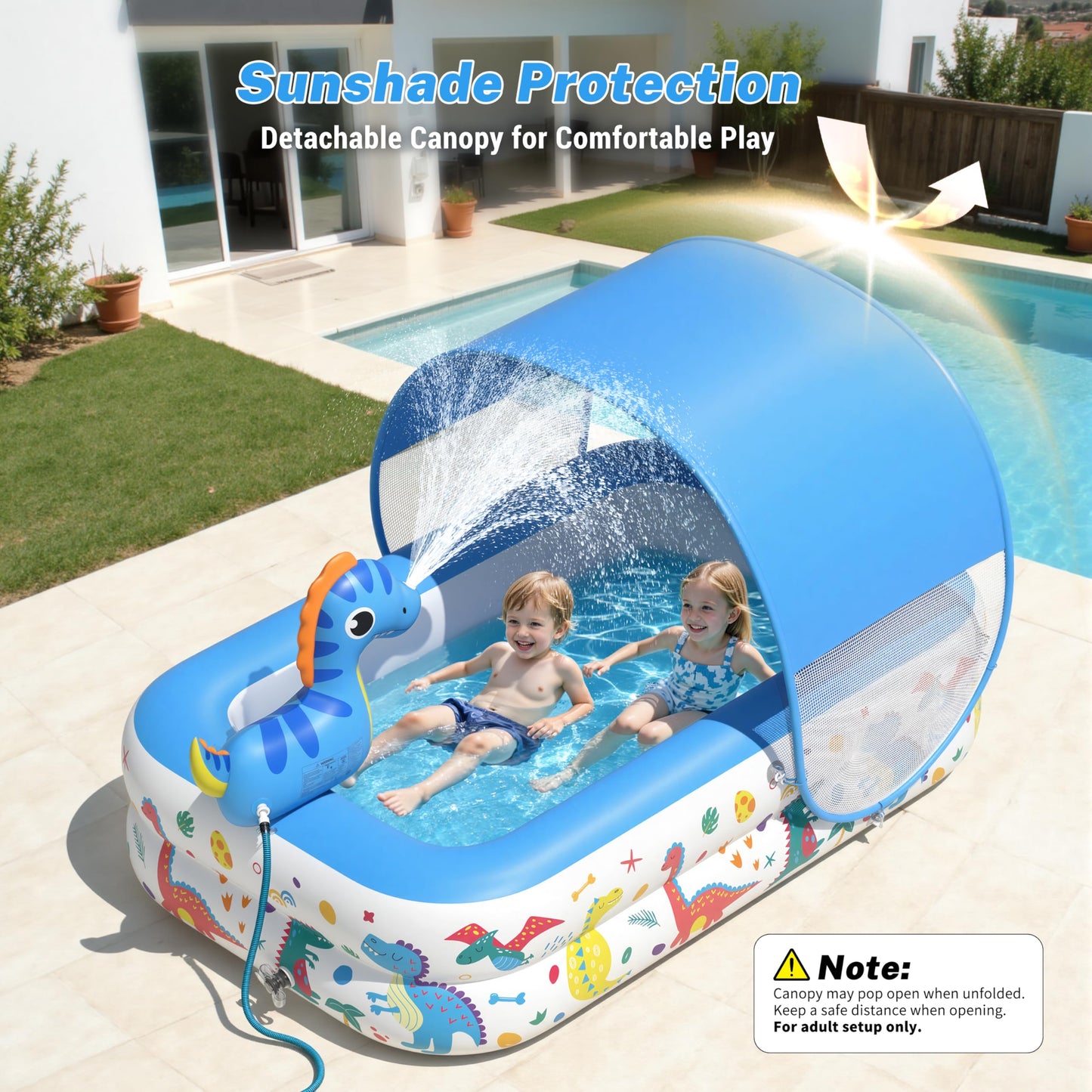 JOSEN Dinosaur Kiddie Pool with Canopy and Sprinkler, Inflatable Baby Pool with Soft Cushioned Floor, Portable Toddler Blow Up Pool Ball Pit for Backyard, Outdoor/Indoor Play Toys
