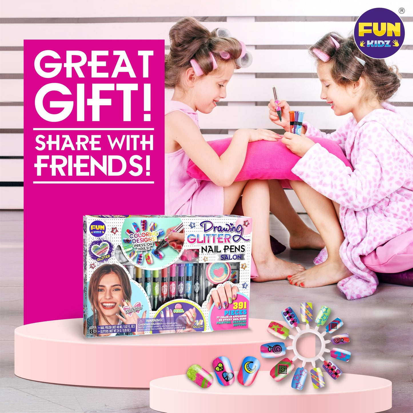 Kids Nail Kit for Girls Ages 7-12, FunKidz Ultimate 315Pcs Nail Polish Pens Combo Pack Size 17.91Wx12.4L Glitter Temporary Nail Supplies for Teens SPA Makeup Kit