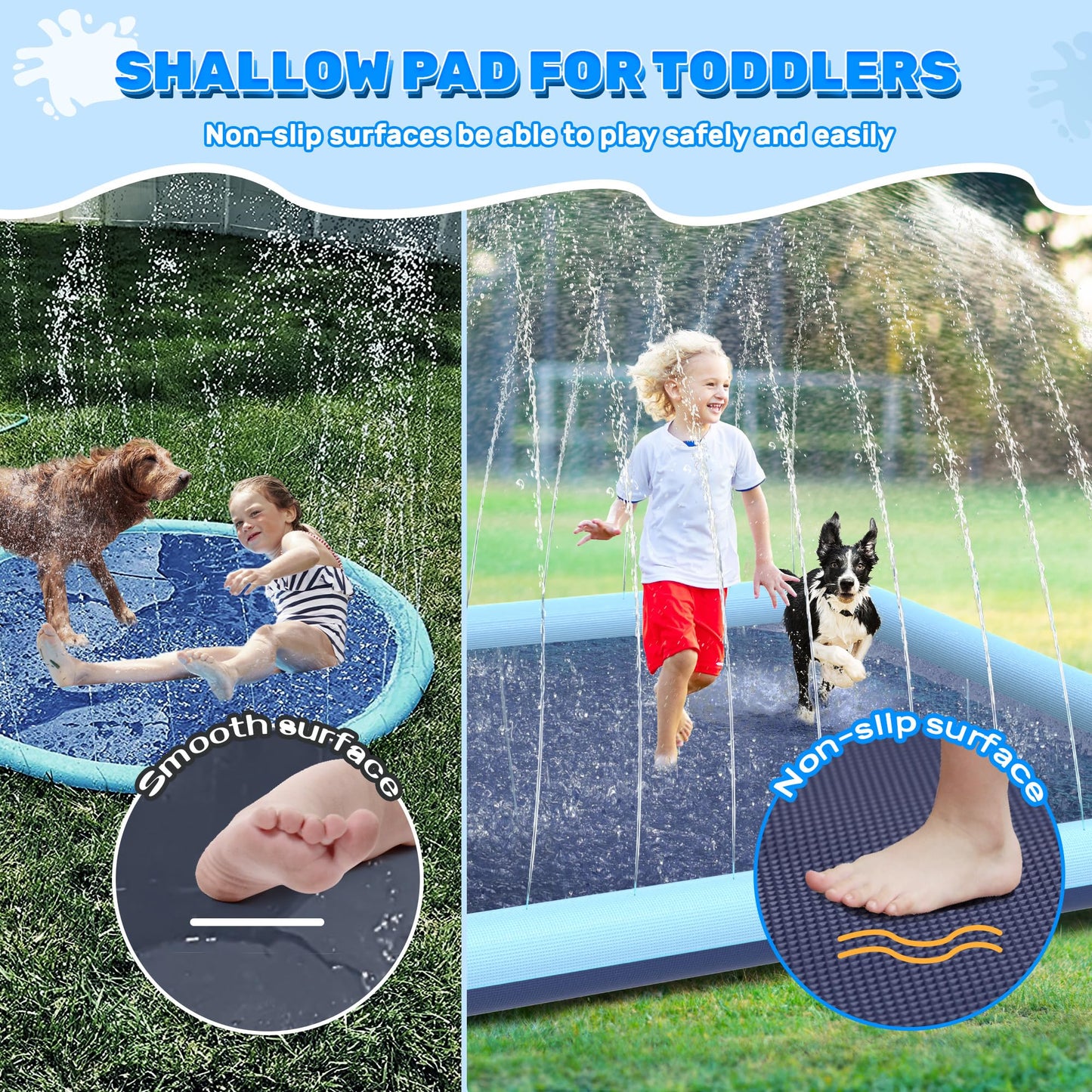 Bilibara 197"x 87" Splash Pad for Dogs, Non-Slip, Rantangle Splash Pad for Kids Ages 4-8,Giant Splash Pads for Toddlers 1-3, Dog Sprinkler Shallow Pool, Outdoor Water Toys for Backyard, Teal