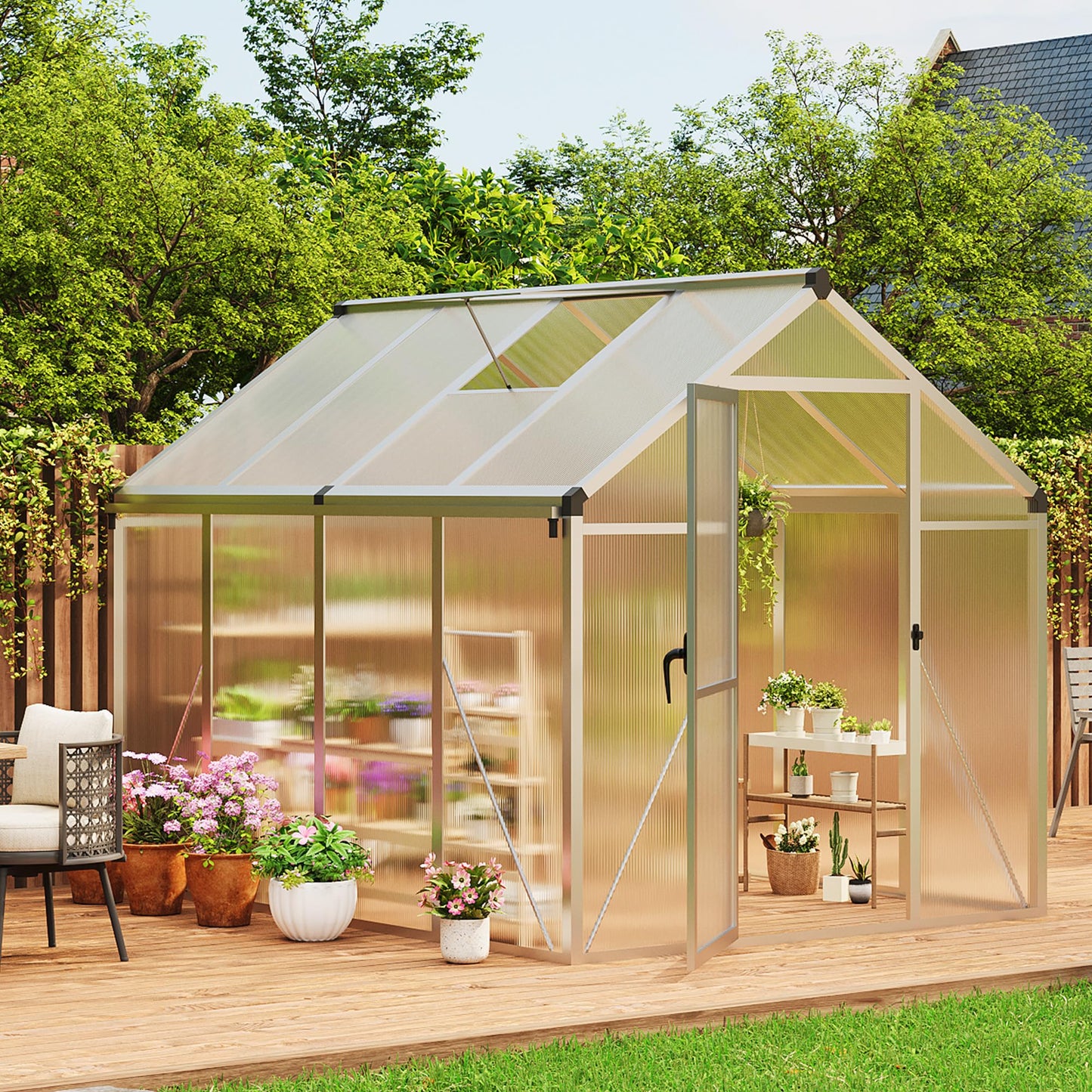6x8 ft Greenhouse for Outdoors, Polycarbonate Greenhouse with Roof Vent, Ground Nails, Lockable Push Door, Aluminum Large Walk-in Green House for Outside Garden Backyard, Patio, Lawn, Silver
