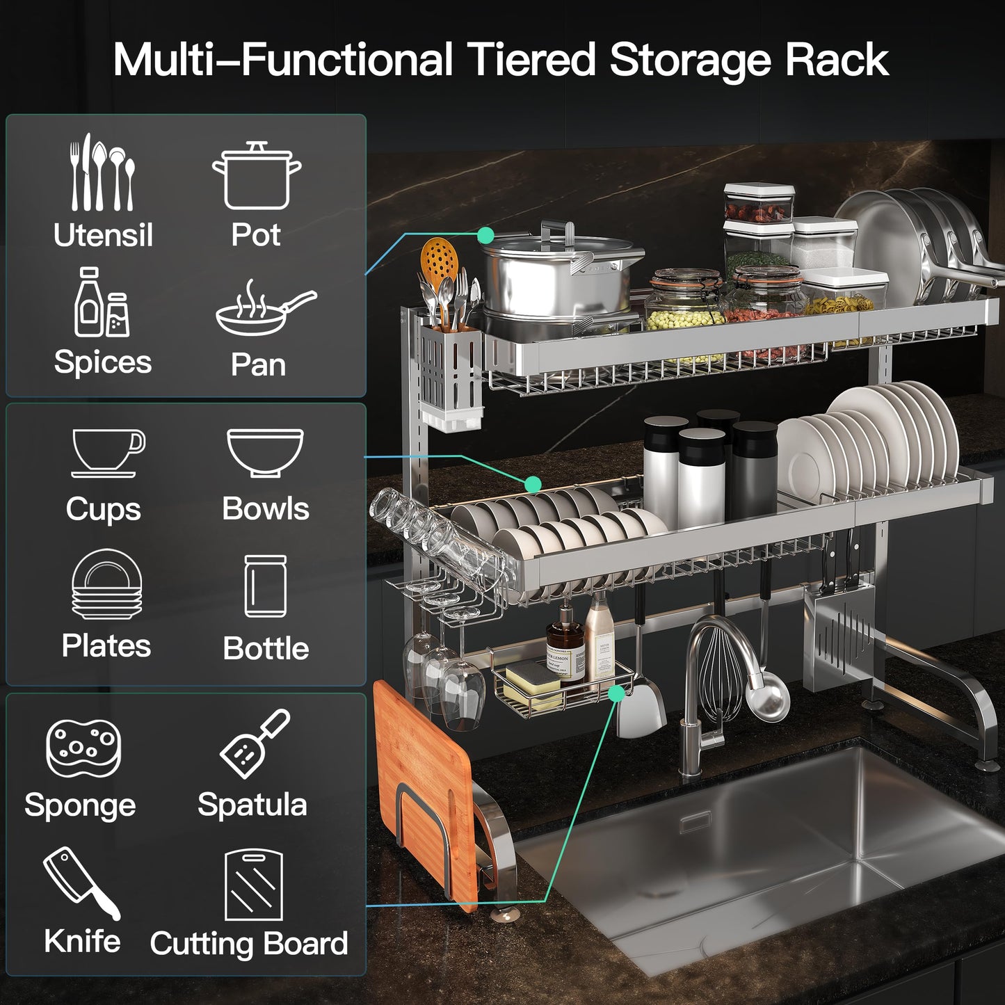 3 Tier Extra Large Stainless Steel Expandable Over The Sink Dish Drainer Drying Rack, Rust Proof Metal, Space Saving, Modern Silver Big Capacity Extendable Plate Strainers Above Kitchen Counter