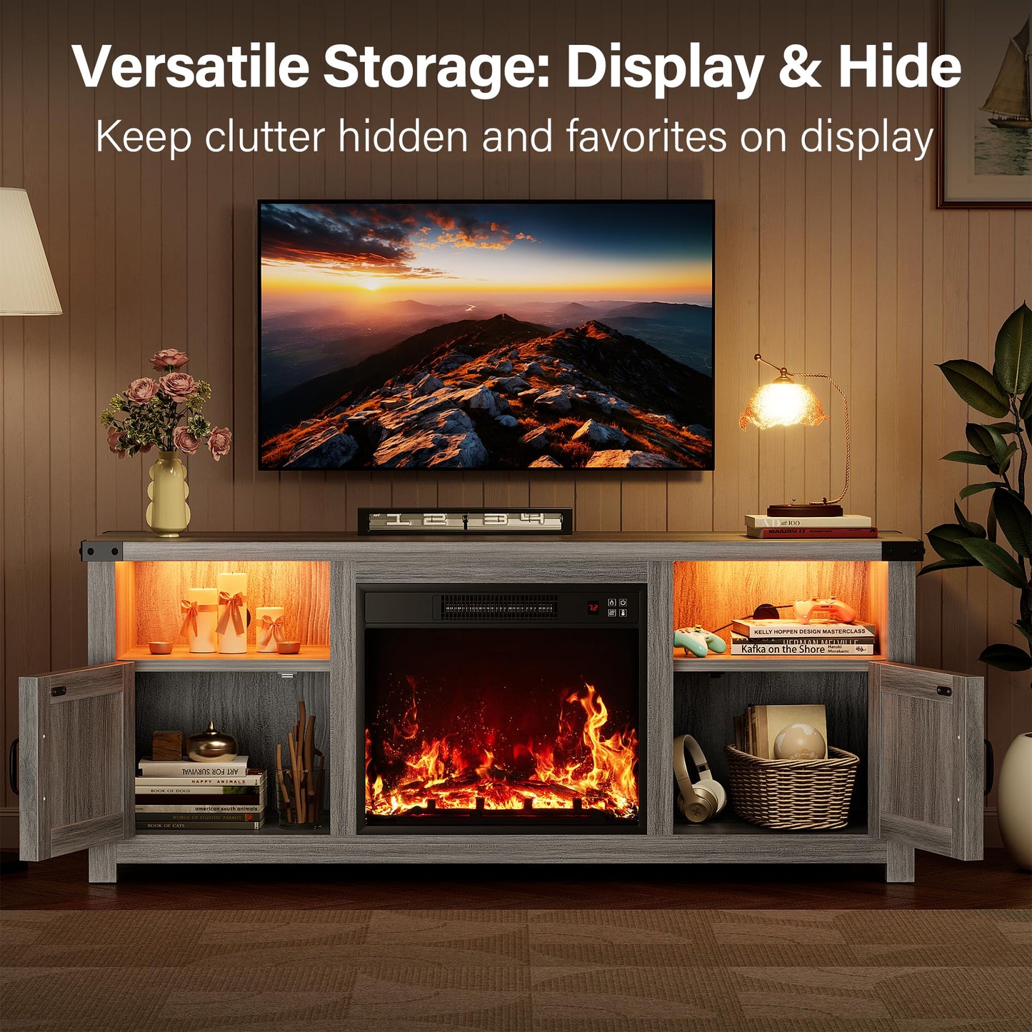 YESHOMY LED Fireplace TV Stand with Mood Lighting, TV Cabinet with Open Shelf, Farmhouse Media Console with Hidden Cable Routing, Entertainment Center for Televisions up to 65+ Inch, Gray Wash