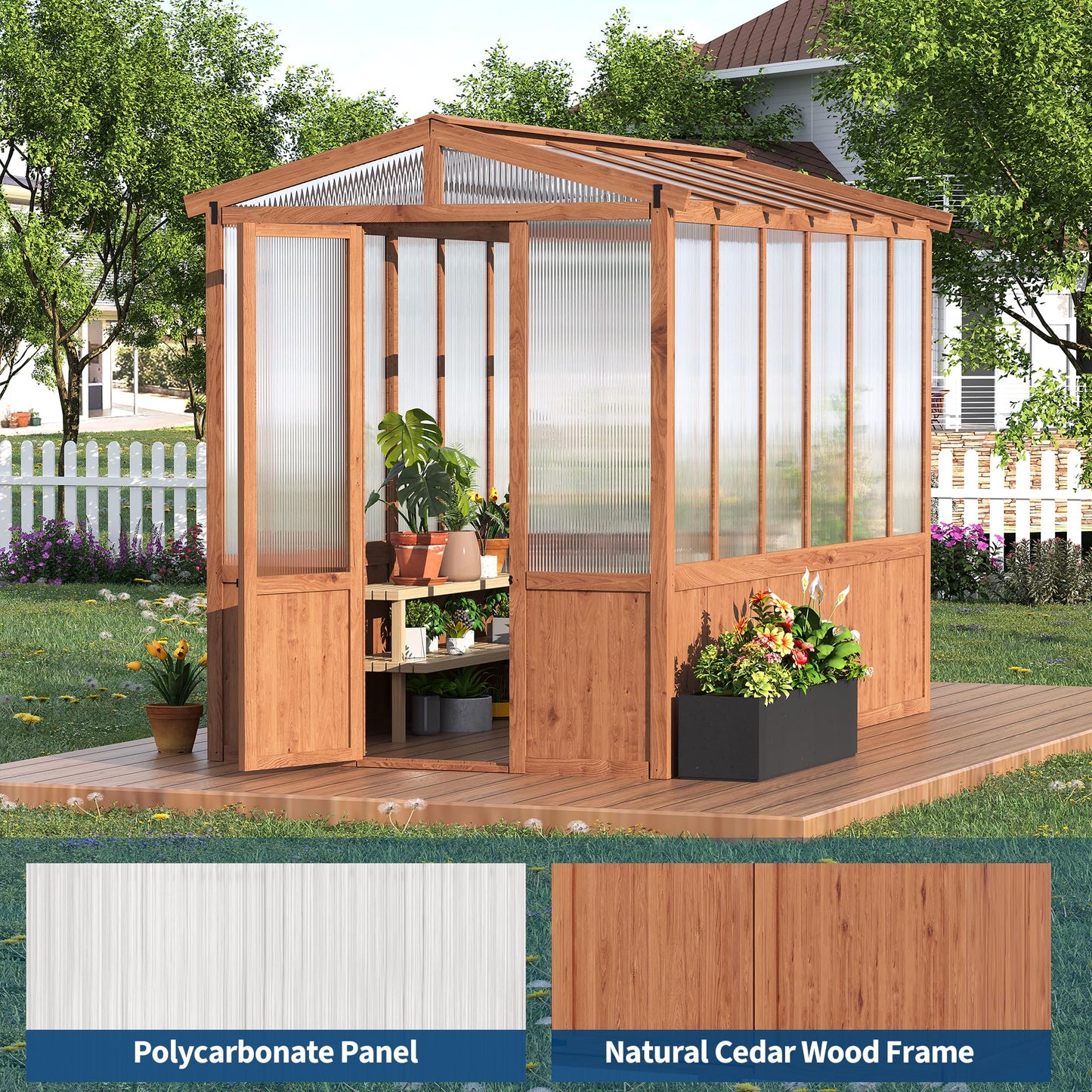 6x10FT Wooden Greenhouses for Outdoors, Wooden Walk-in Green House with Cedar Frame, Greenhouse Kit with 6MM Thick Polycarbonate Panel