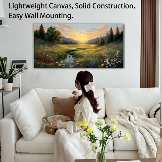Tarfupth Large Green Landscape Canvas Wall Art for Living Room Sunset Mountain Wildflowers Canvas Prints Nature Scenery Artwork for Bedroom Office Home Decor 20"x40"