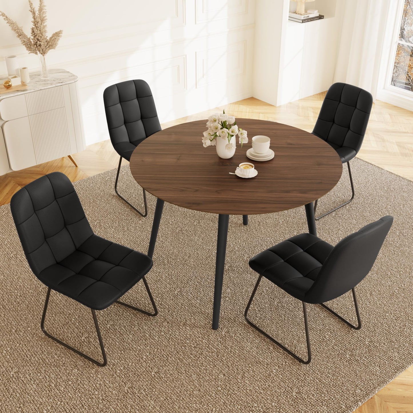 HIPIHOM 43.3 Inch Round Dining Table Set for 4, Modern Small Kitchen Coffee Set for Dining Room Kitchen Apartment (Walnut Table+4 U-Shaped Black Chairs)