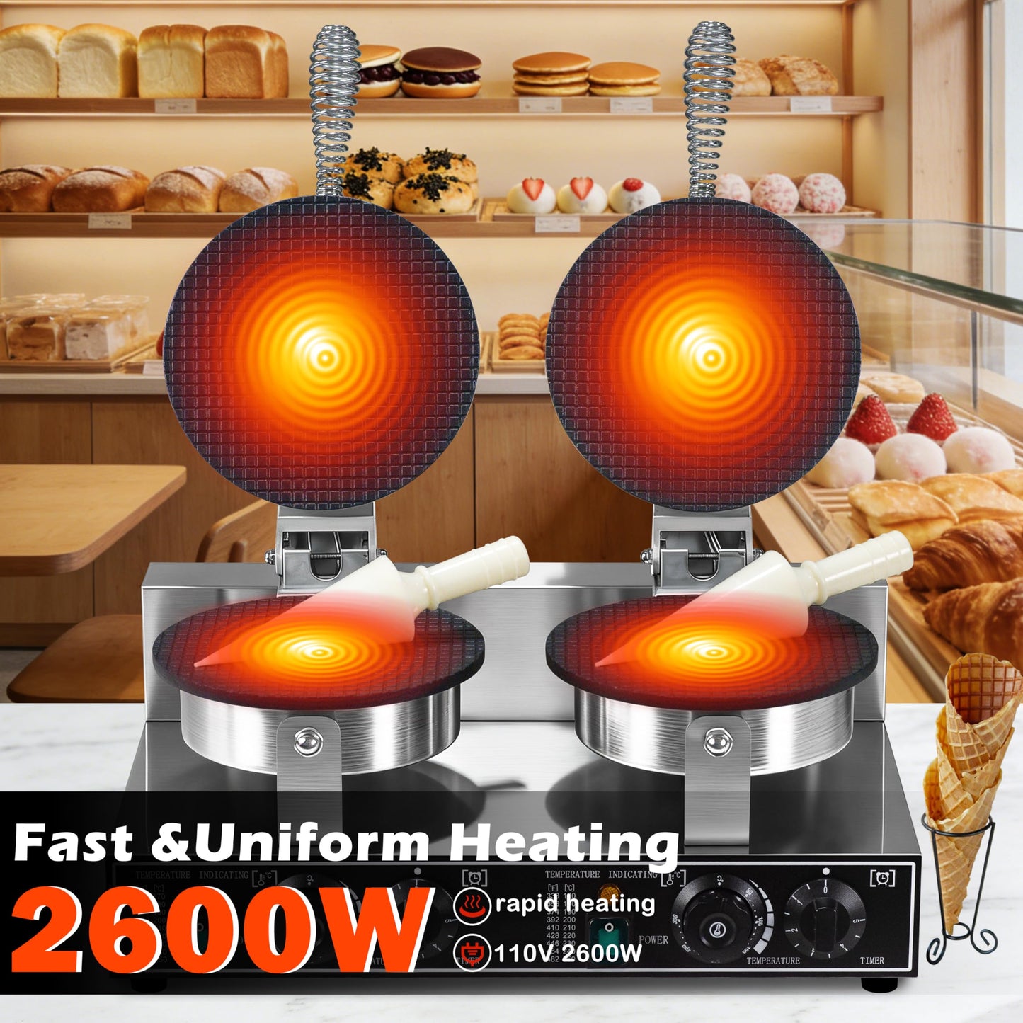 Waffle Cone Maker Commercial 2600W Professional Ice Cream Cone Waffle Maker Machine, Electric Commercial Waffle Cone Maker Machine With Temp & Time Control for for Restaurant Bakery Snack Bar Family