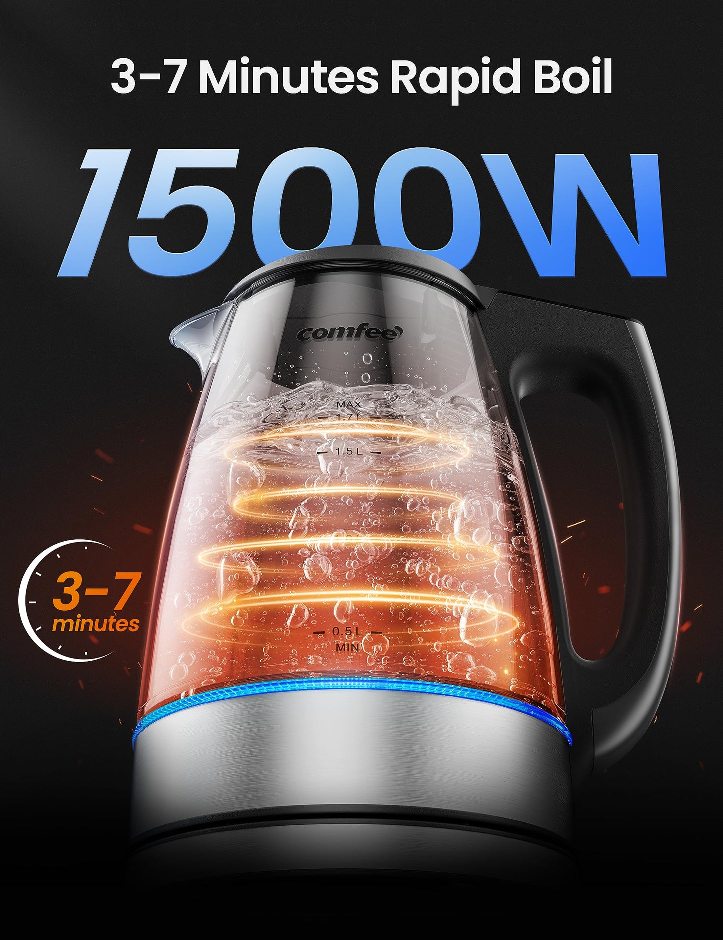 COMFEE' 1.7L Glass Tea Kettle and Kettle Water Boiler - Electric Kettle Temperature Control with 6 Presets, 2-Hr Keep Warm, Fast Heating, 304 Stainless Steel, Auto-Off and Boil-Dry Protection