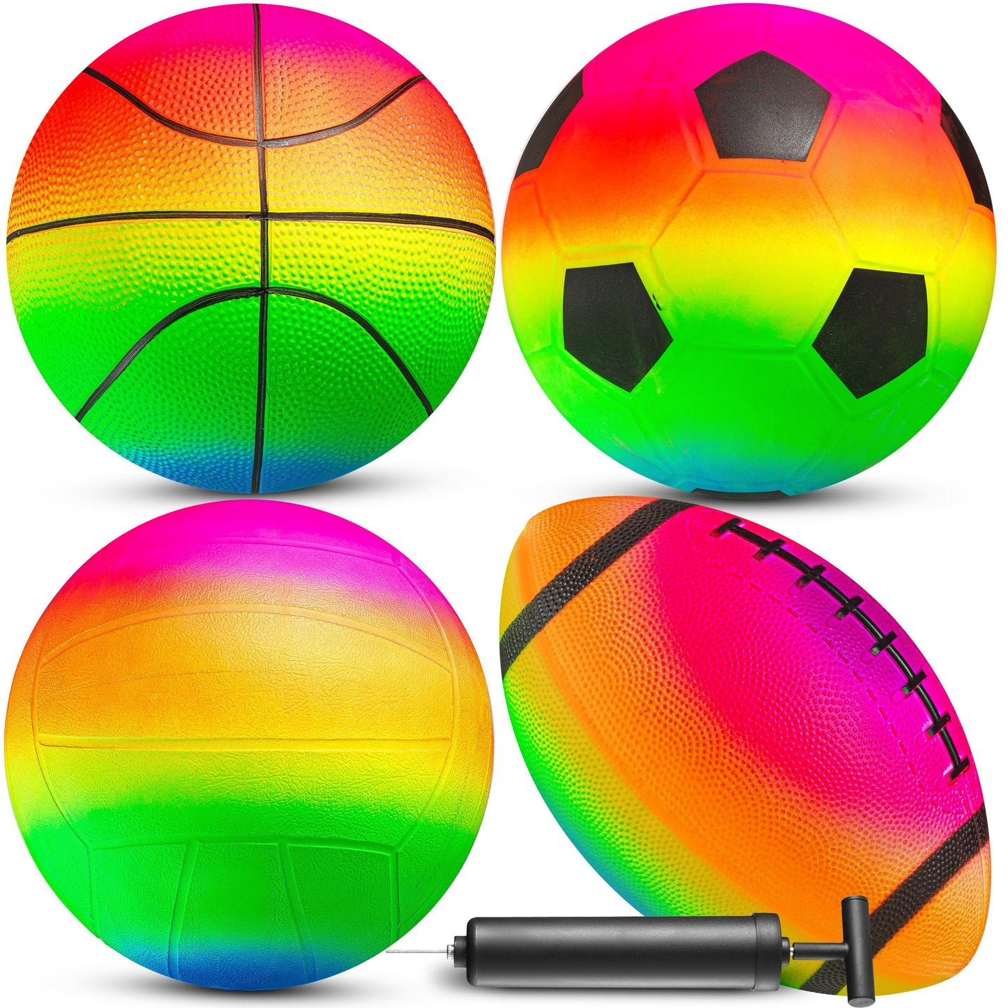 Rainbow Sports Balls for Kids & Toddlers - (Pack of 4) 8.5-Inch Neon Sport Ball Set Includes Football, Soccer, Basketball, & Playground Balls, Toy Balls for Indoor/Outdoor