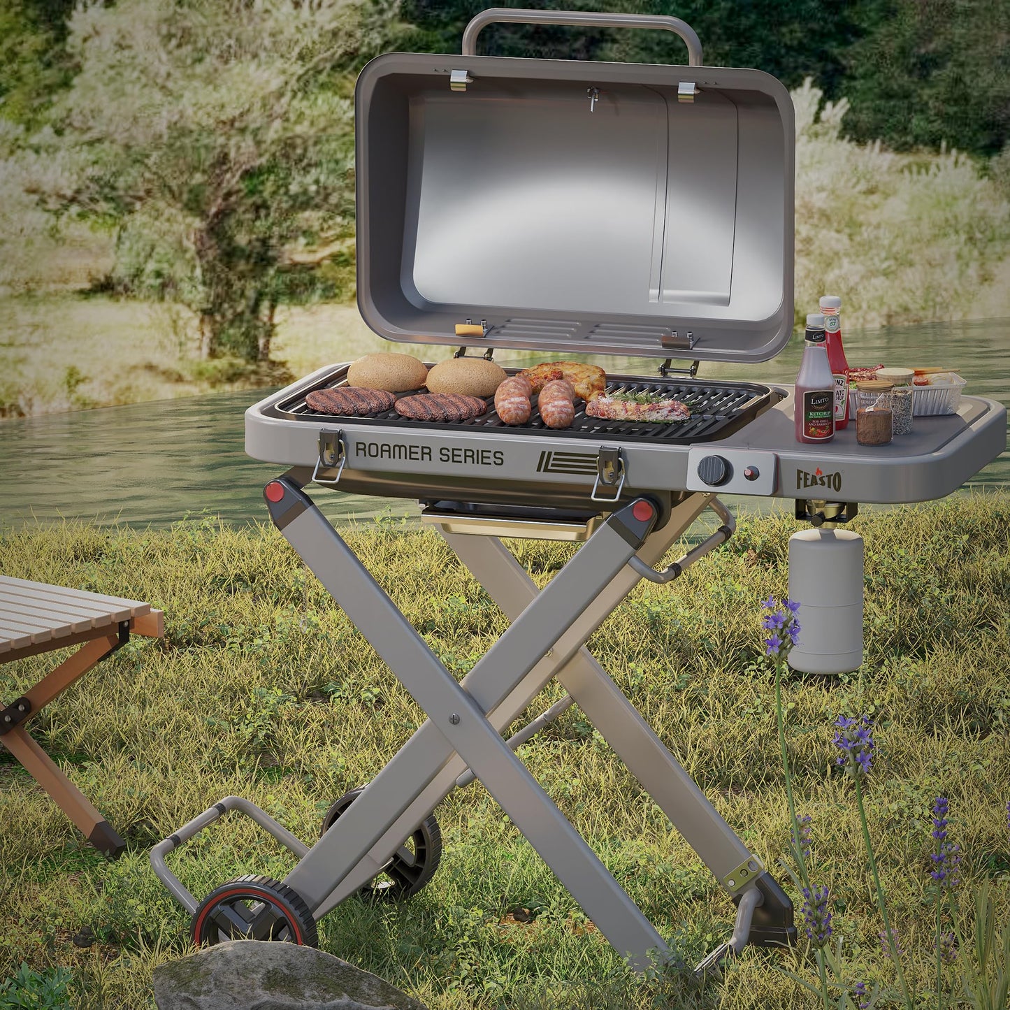FEASTO Portable Propane Gas Grill with Folding Cart & 13000 BTUs Burner, 360 Sq. In. Cast Iron Cooking Grates, Side Table, 8" Wheels, Stainless Grease Tray for Outdoor BBQ, Camping & Tailgating, Grey