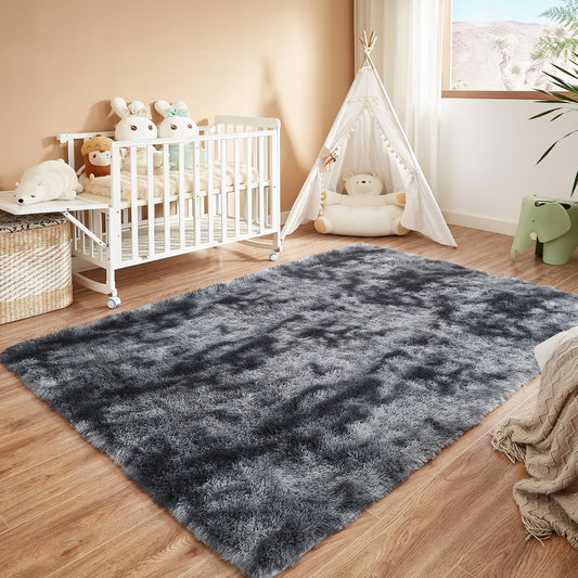 Floralux Upgrade 4x6 Rugs for Bedroom, Tie-Dyed Dark Grey, Fluffy Shaggy Soft Area Rug for Living Room, Non-Slip Indoor Floor Carpet for Nursery, Kids Baby Boys Teen Dorm Home Decor Aesthetic