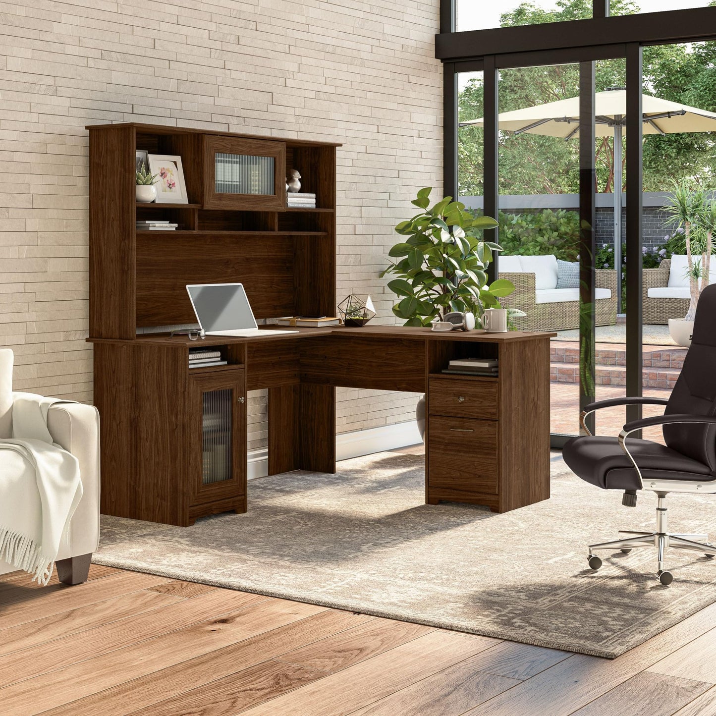 Bush Home Cabot L Shaped Desk with Hutch, Corner Desk with Storage for Home Office in Modern Walnut, 60W L Shaped Computer Desk