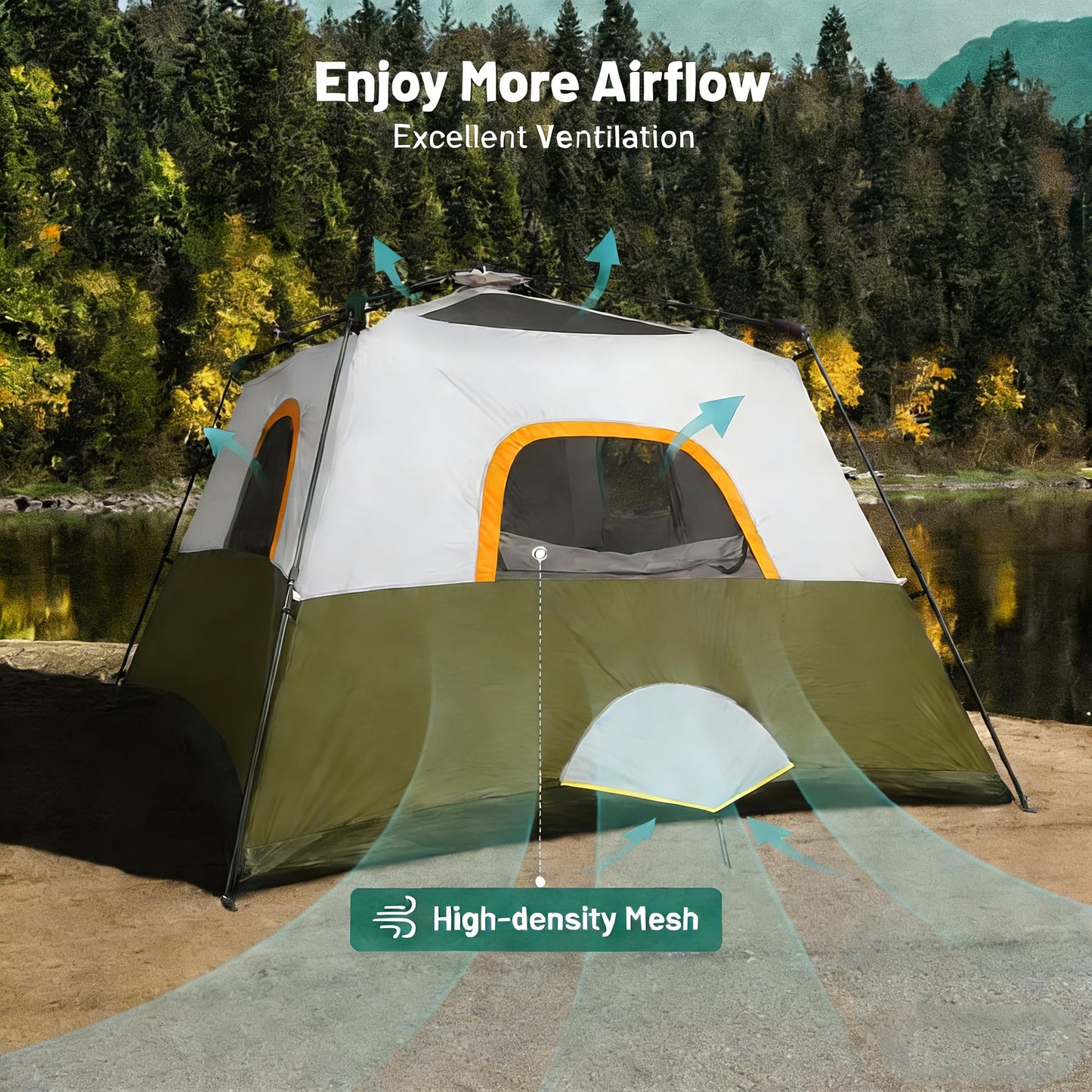 Toogh 3/4 Person Camping Tent with 1 Door, 4 Windows, and Upgraded Ventilation– Instant Setup, Waterproof, 8'x 8'x 67''Oxford Fabric Floor Pop Up in 60 Seconds Includes Rainfly and Backpack
