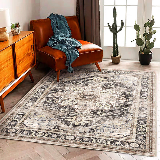CHAMPLANT 3'x5' Washable Thin Area Rug Black-Purple Khaki Vintage Traditional Floor Cover Foldable Indoor Distressed Non Slip Carpet for Bedroom Living Room Bathroom