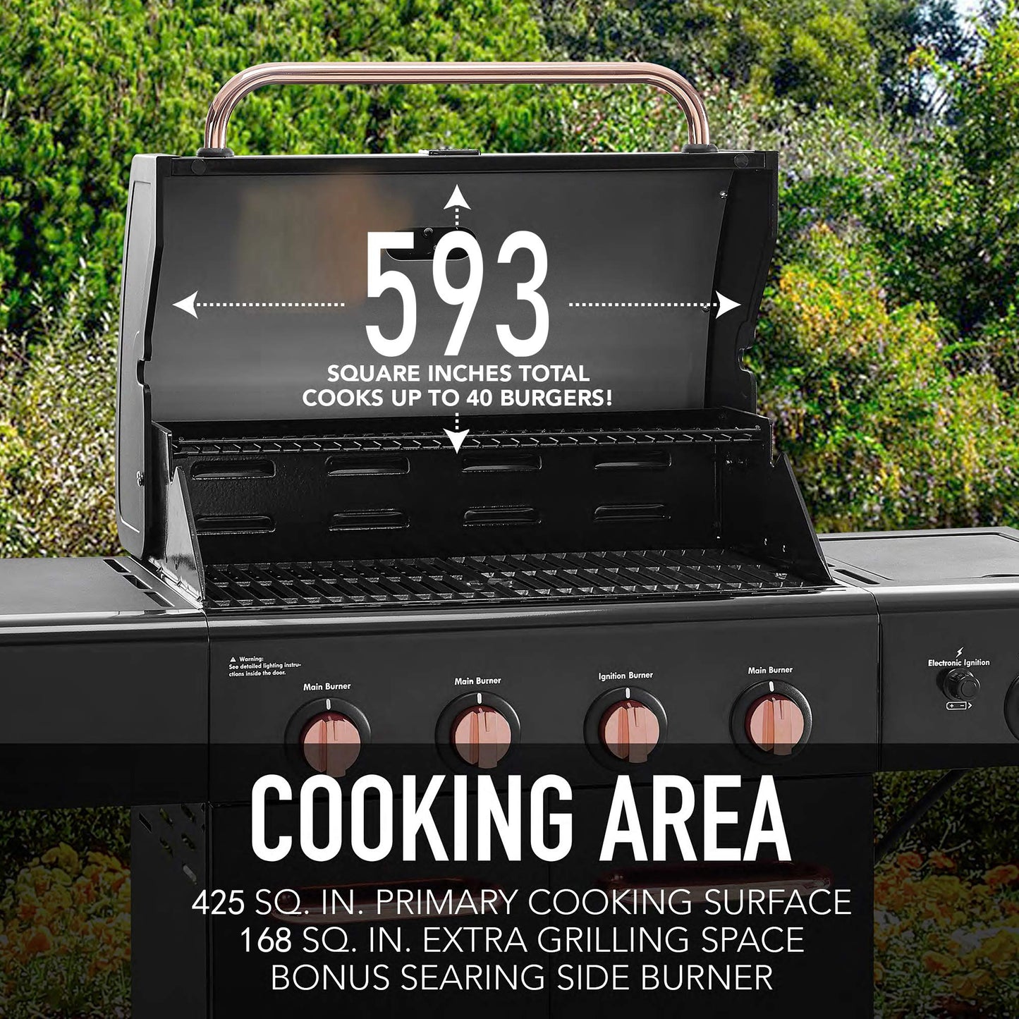 Kenmore 4-Burner BBQ Gas Grill with Searing Side Burner, Propane Grill, 52,000 BTUs, Warming Rack, Electronic Ignition & Cast Iron Cooking Grates, Black/Copper