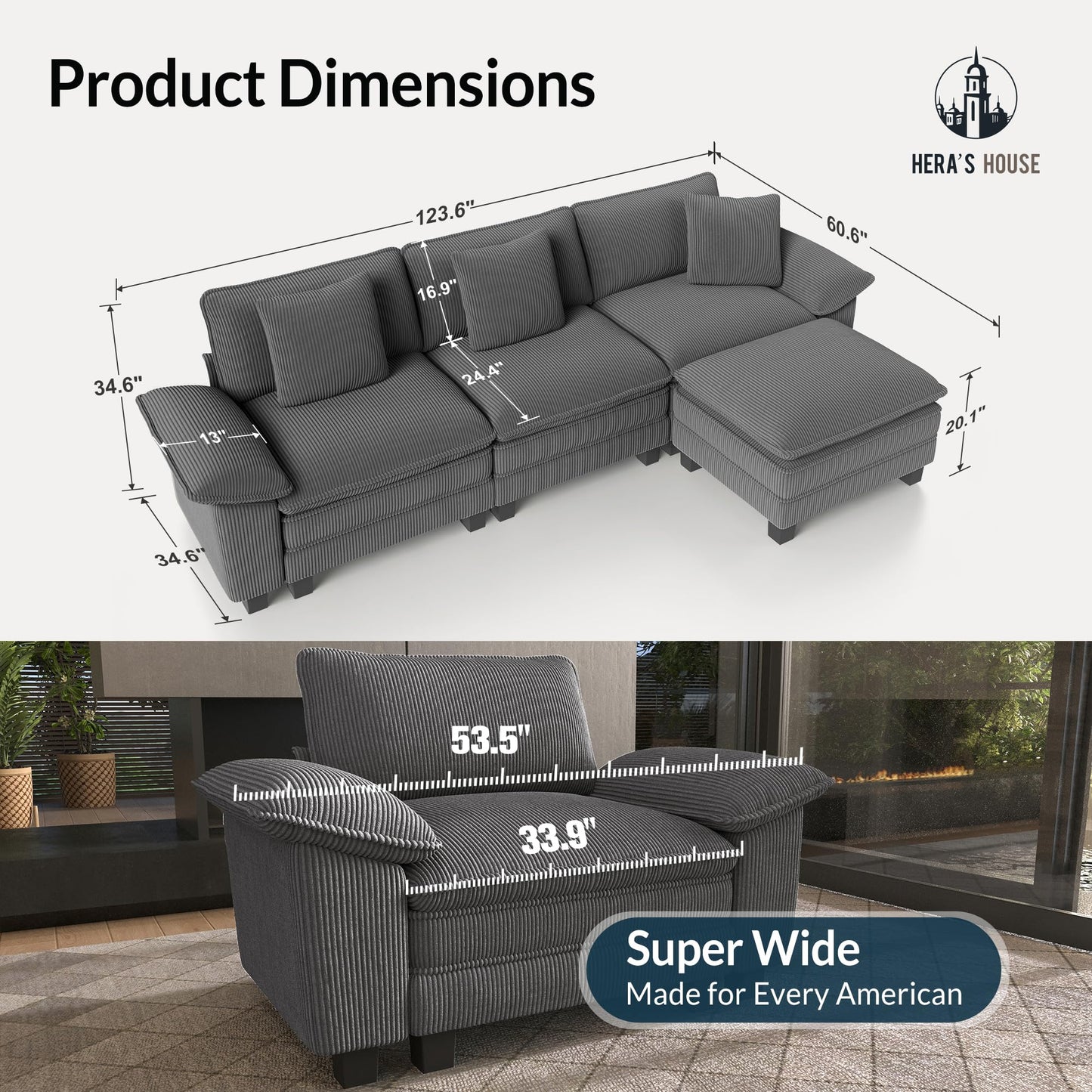 HERA'S HOUSE 124" Modular Sectional Sofa, Oversized L Shaped Couches for Living Room, Comfy Cloud Couch with Ottoman, 4-Seater Deep Seat Sofa with Throw Pillow, Corduroy Grey