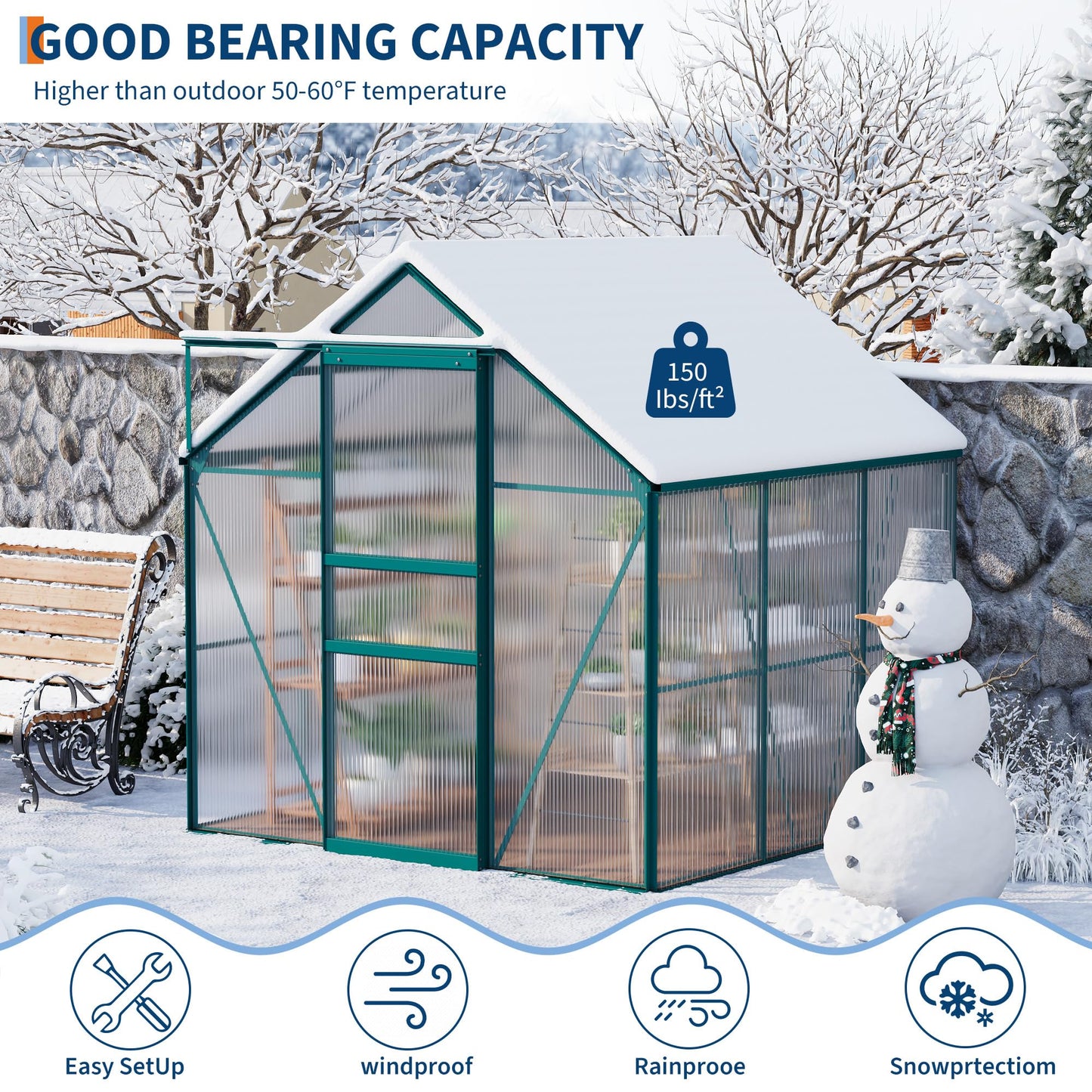 GarveeHome 6 x 6 FT Polycarbonate Greenhouse, Winter Greenhouses for Outdoors with Aluminum Frame, Sliding Door, Adjustable Roof Vent, Backyard Green Houses, Patio Garden, Green