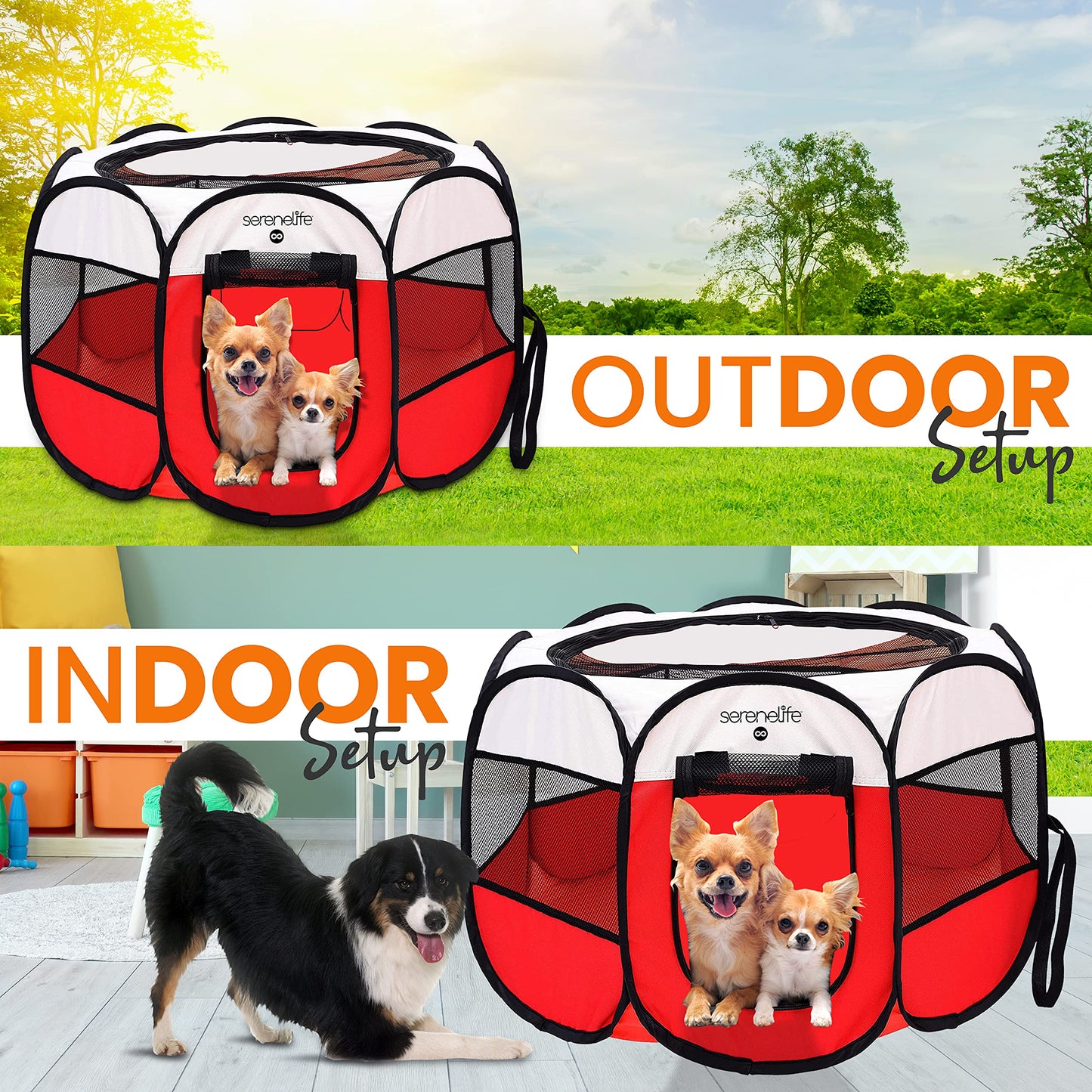 SereneLife On-The-Go Foldable Portable Pet Tent 8-Panel Playpen for Dog & Cat w/Food/Water Bowl, Mesh Exercise Puppy Playground, Pet House Indoor & Outdoor, Travel & Camping Pet Kennel (Red- Medium)