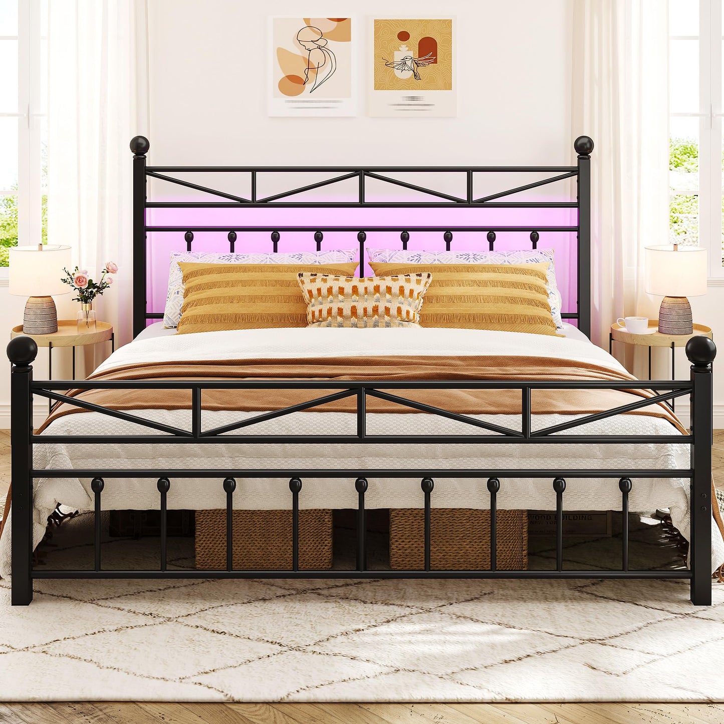 EnHomee 54" Metal King Bed Frame with Tall Headboard & Footboard, LED Light King Bed Frame, Strong Metal Slats Support and Noise-Free Design with Under Bed Storage/No Box Spring Needed/Black