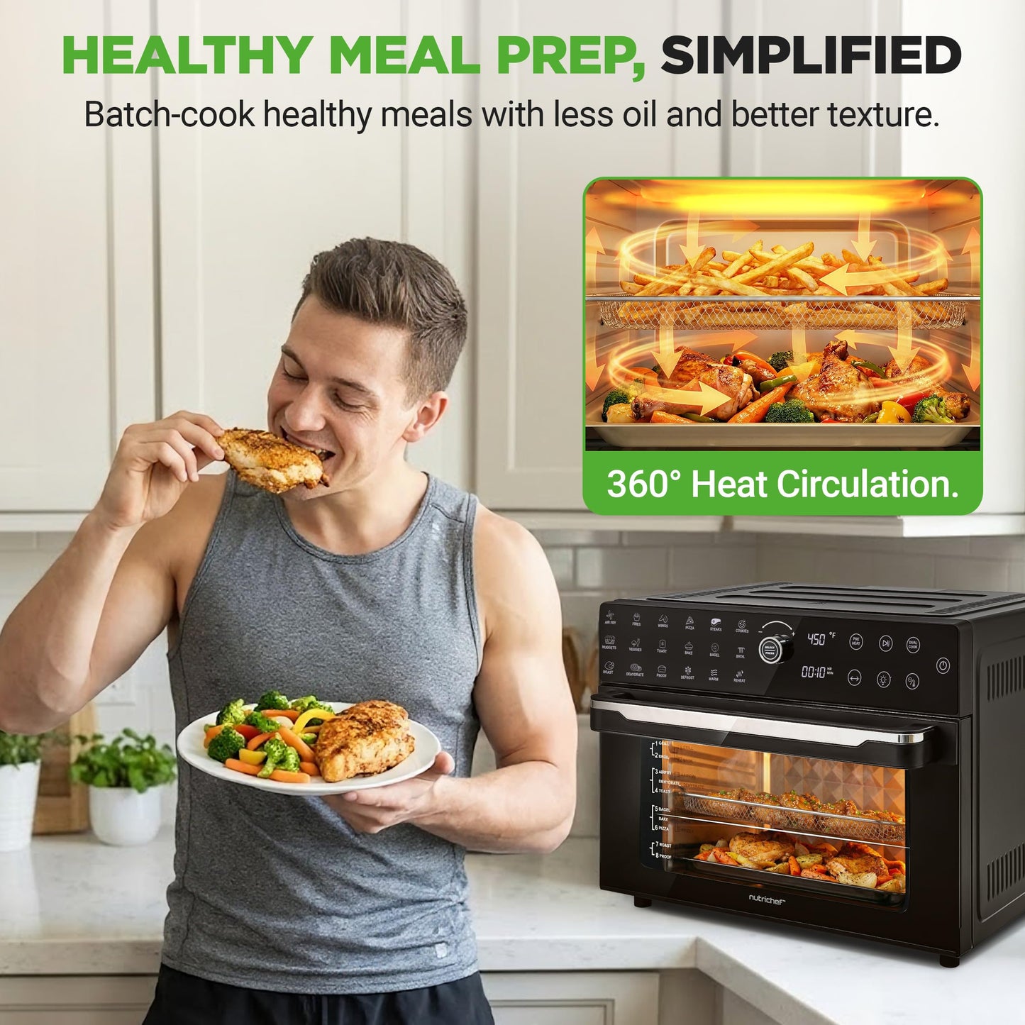 NutriChef 32 Quart Air Fryer & Oven | Digital Airfryer with 20 Presets, Dual Cook, Rotisserie, Bake & More | Multi-Function Convection Countertop Oven | Large Capacity | 18" x 17" x 14 | Black