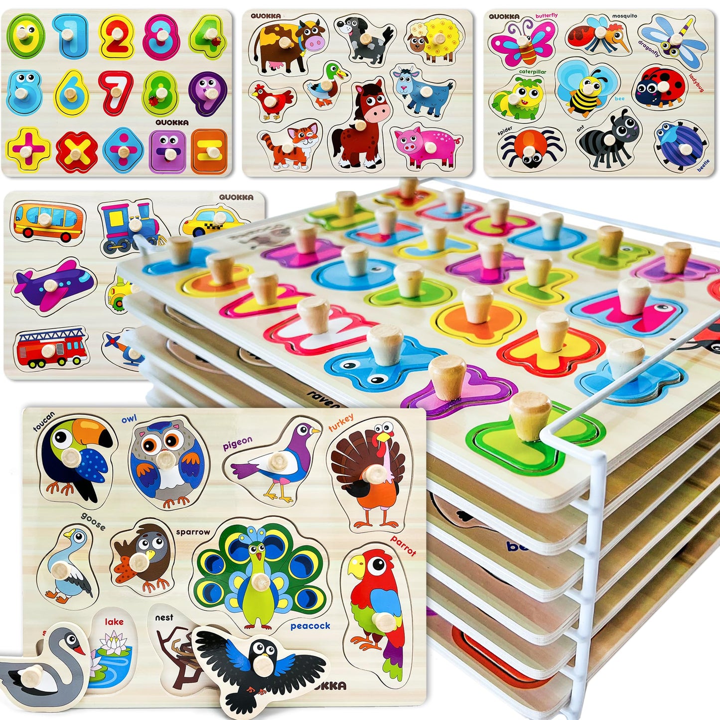 QUOKKA Wooden Puzzle Bundle – 9 Montessori Puzzles with Rack for Toddlers Ages 2–5 – Alphabet, Numbers, Animals, Mushrooms & Leaves – Educational Preschool Toys for Boys & Girls