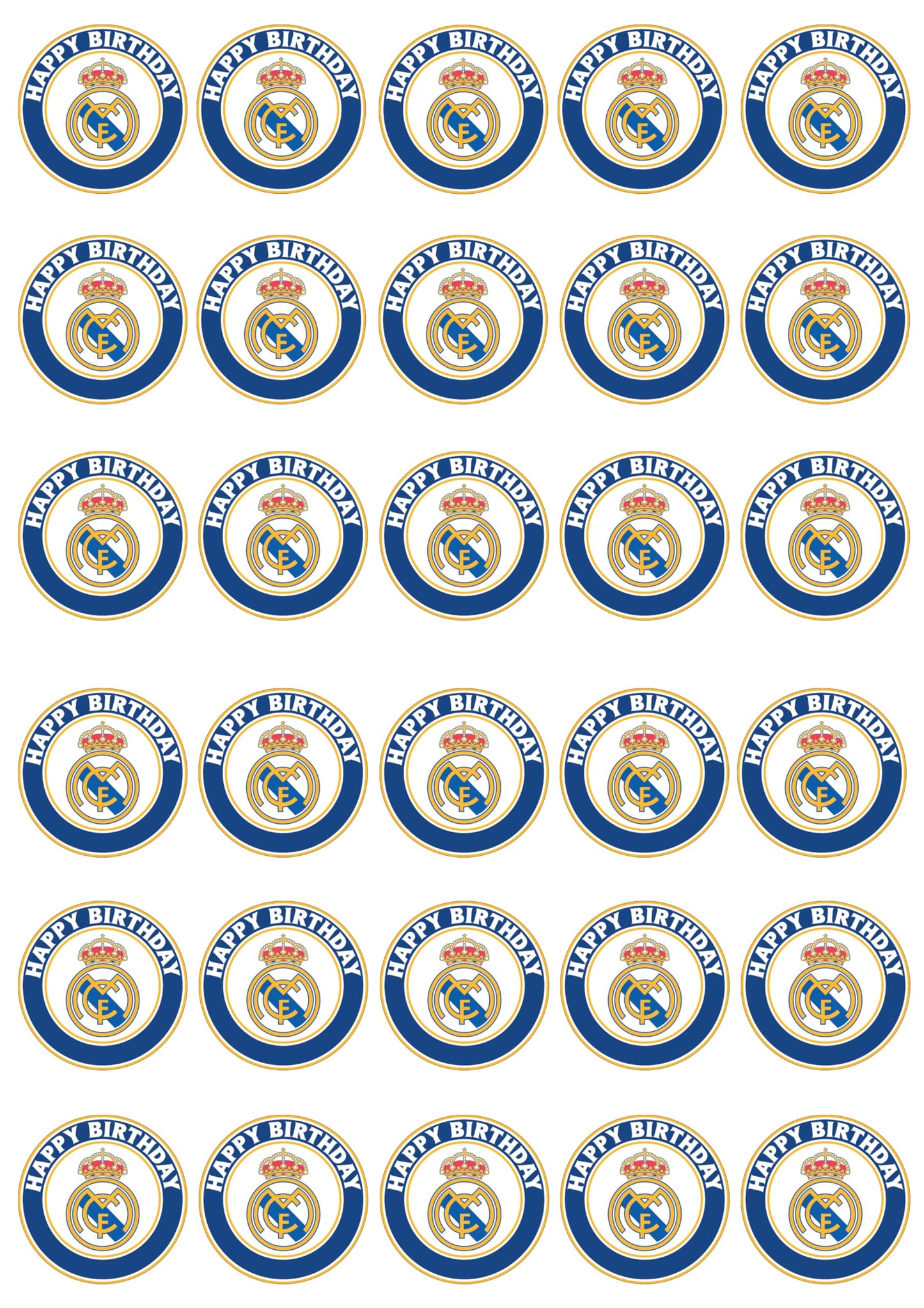 30 x Edible Cupcake Toppers – Madrid's Football Themed Collection of Edible Cake Decorations | Uncut Edible on Wafer Sheet