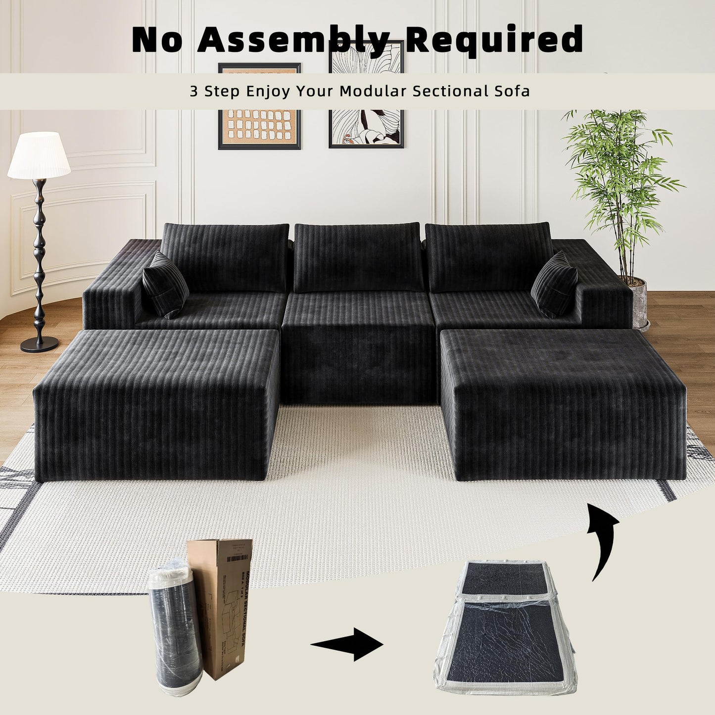 CABZOON 110" Boneless Couches for Living Room Cloud Couch Modular Sectional Sofa with Deep Seat Plush Large Foam SofaU-Shape Sofa Couch,No Assembly Required, Black (Plush Corduroy Fabric)