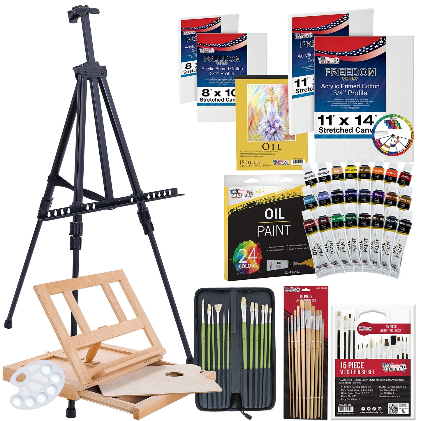 U.S. Art Supply 70-Piece Artist Oil Painting Set with Aluminum Field Easel, Wood Table Easel, 24 Oil Paint Colors, 37 Brushes, 2 Stretched Canvases, 6 Canvas Panels, Painting Pad, Palette & More
