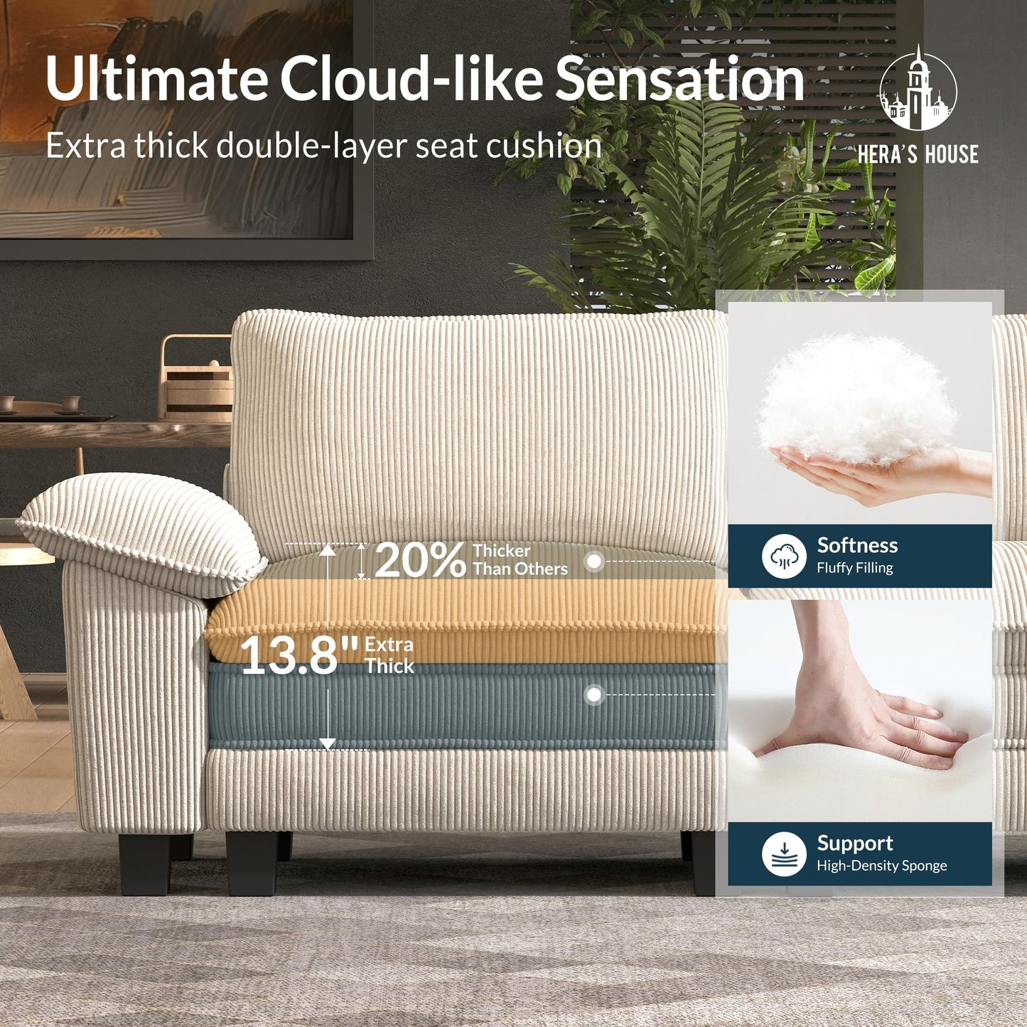 HERA'S HOUSE 3 Pieces Modular Sectional Sofa Sets, Oversized Couch Set with Loveseats, Comfy Cloud Couches with Throw Pillows, 7-Seater Deep Seat Sofa for Living Room, Corduroy Beige