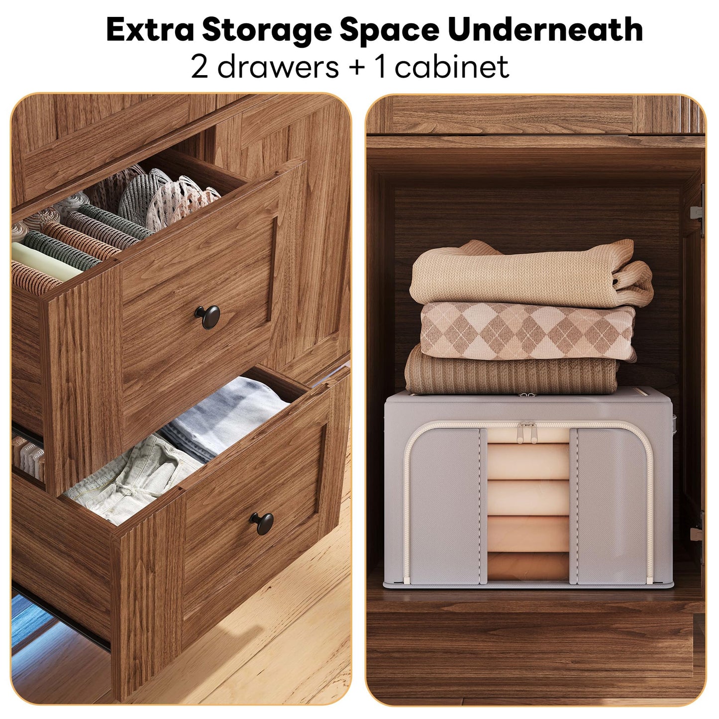 LIKIMIO Farmhouse Wardrobe Closet with Doors, 70" Bedroom Armoires with LED Lights and Hanging Rod, Wooden Large Wardrobe Cabinet with 2 Drawers and 1 Cabinet, Walnut