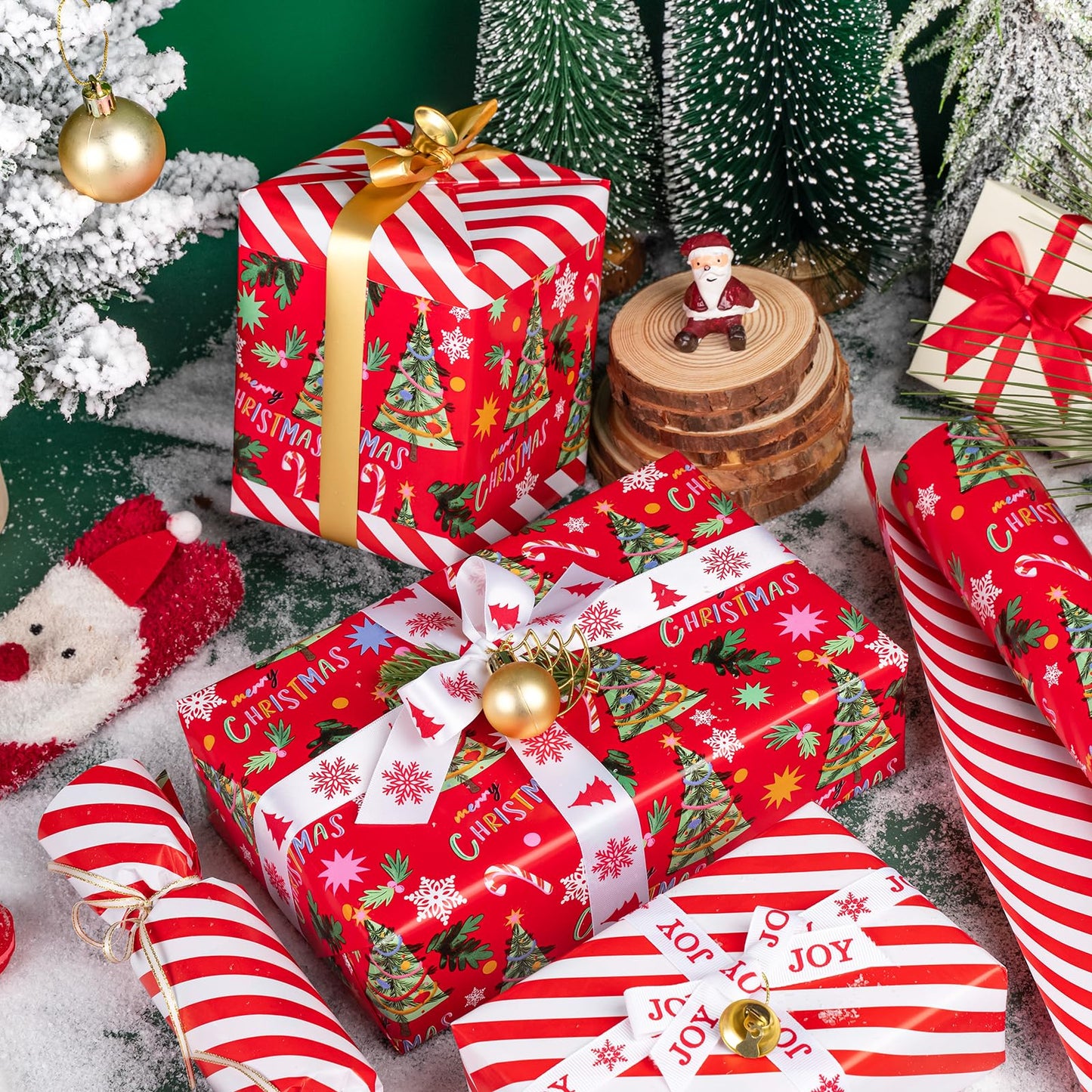 WRAPAHOLIC 30 Inch Jumbo Reversible Christmas Wrapping Paper - 30 Inch x 33 Feet - Red Christmas Tree Wrapping Paper and Stripe Design for Holiday, Party Celebration