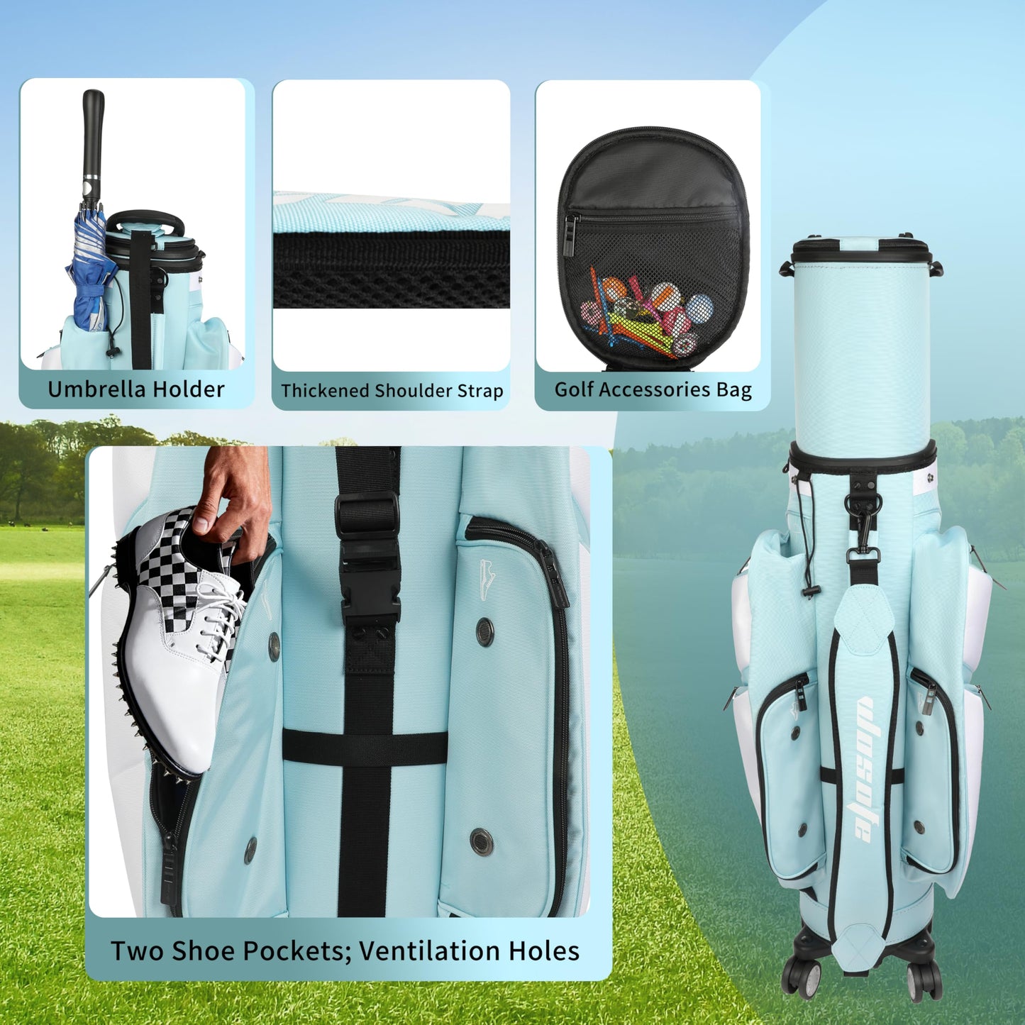 Lightweight Golf Travel Bag with Wheels for Vacation, Retractable Hard Top Club Protector, 14-Way Cart Bag with Insulated Cooler Pocket - Sky Blue & White
