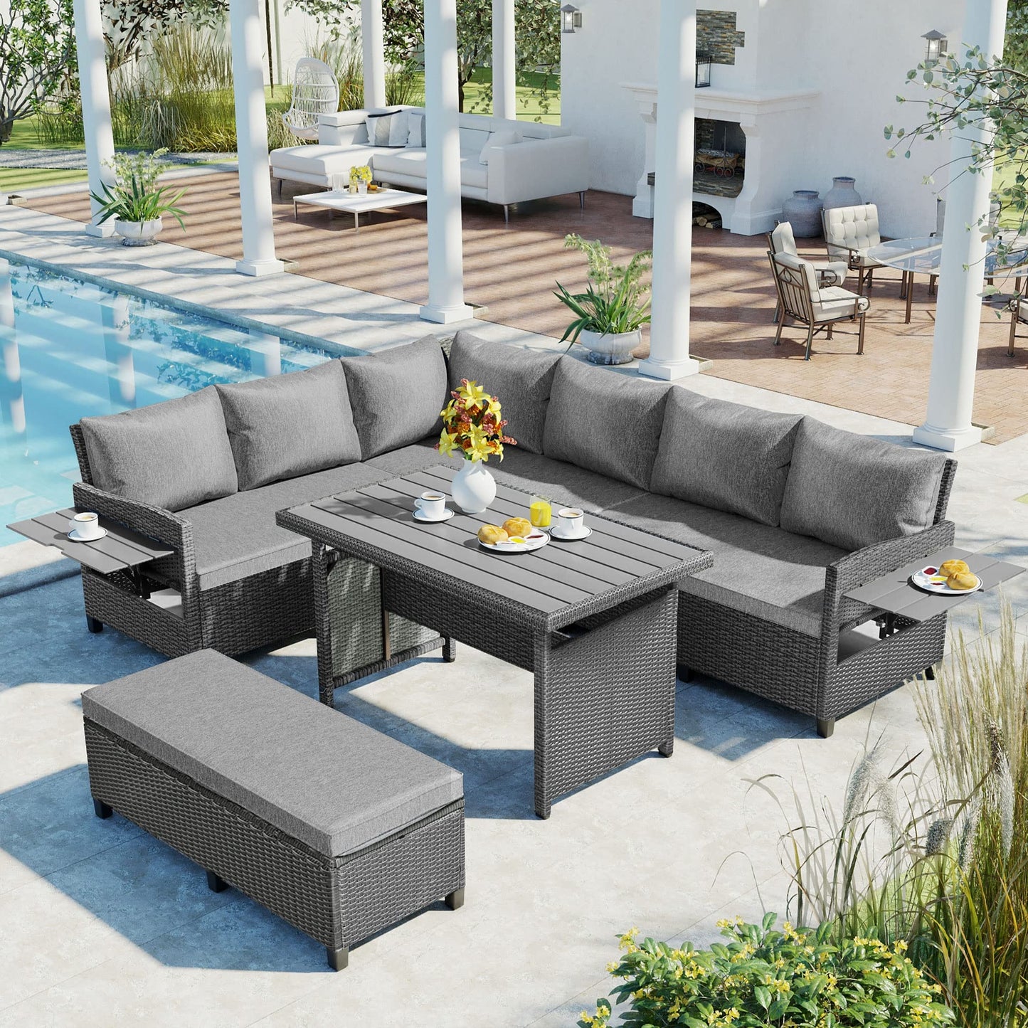 Merax Patio Furniture Sets Outdoor, All Weather Sectional PE Rattan Sofa with 2 Extendable Side Tables, Dining Table and Bench, Grey