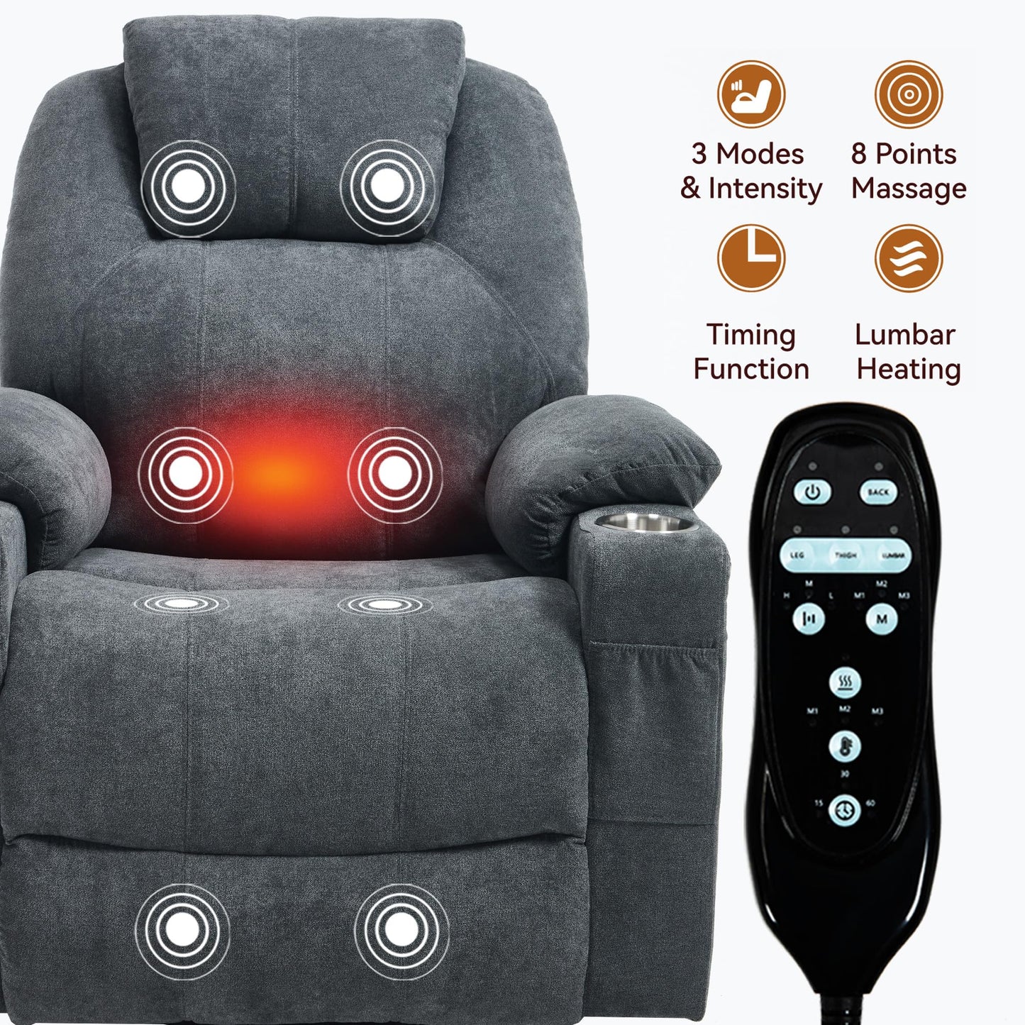 KEIKI Power Lift Recliner Chair with Massage and Heat, 8-Point Vibration, Lumbar Heating, USB/Type-C Ports, Cup Holders, Heavy Duty for Elderly and Adults, Polyester Fabric