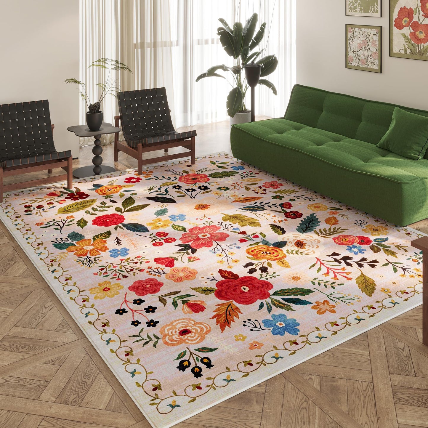 Rugcomf Area Rugs 9x12 Living Room Clearance Washable Boho Rug Non Slip Floral Vintage Low Pile Large Rug for Living Room, Bedroom, Farmhouse, Dining Room, Kids Playroom(Beige)