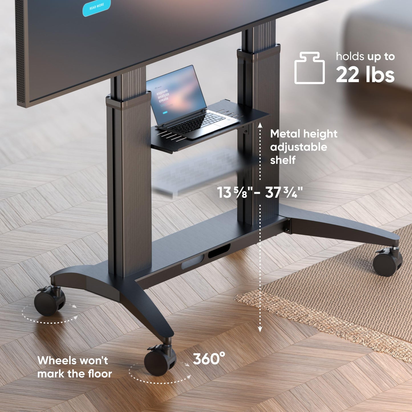 ONKRON Mobile TV Stand on Wheels for 70-110 Inch Screen, max Load 320 lbs, Heavy Duty, Height Adjustable TV Portable Stand, max VESA 1000x600, Aluminum TV Cart Rolling TV Stand with Shelf Black