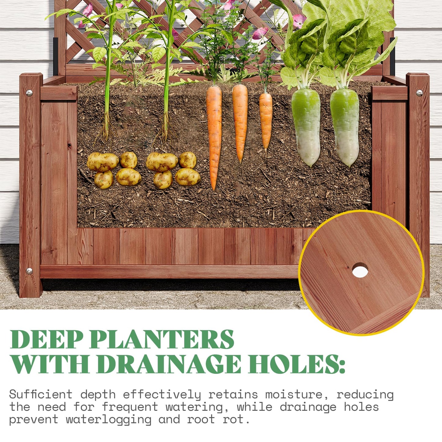 AMERLIFE Raised Garden Bed with Trellis for Vegetables, Climbing Plants, Durable Natural Wood Planter Box with Drainage Holes, Privacy Planter for Outdoor Yard & Patio, Easy Assembly