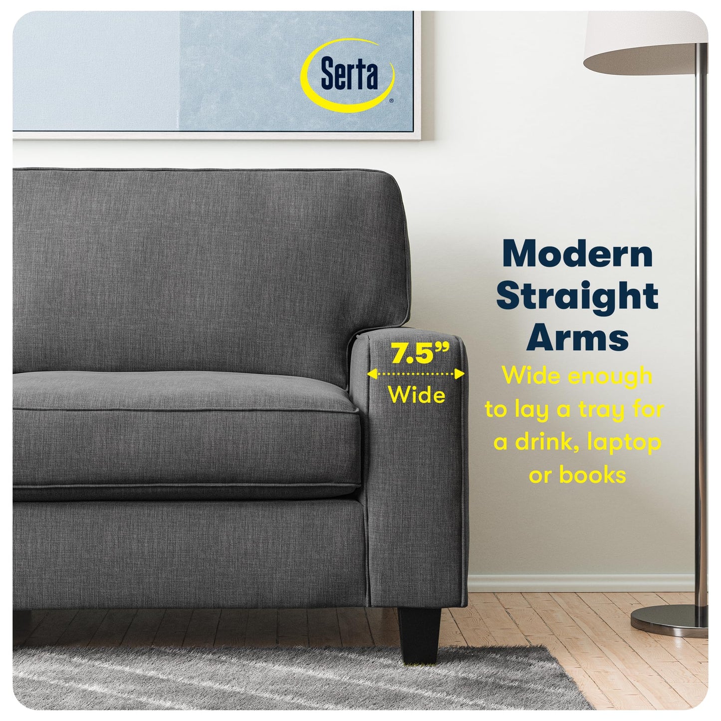 Serta Palisades 61" Track Arm Sofa, Easy Care Polyester, Soft Pillow Back, Pocket Coil Seat Cushions, Removable Covers, Loveseat or Couch for Small Spaces, Living Rooms or Bedrooms, Gray